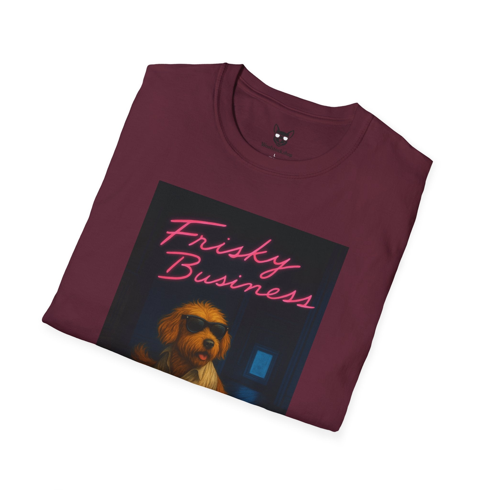 Risky Business Movie Poster Dog Parody Unisex Softstyle T-Shirt -- Funny Dog Movie Tee for Film and Dog Lovers