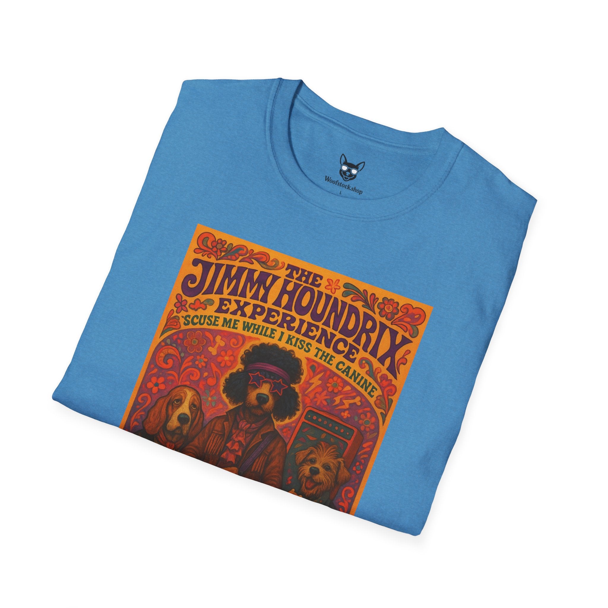 Jimi Hendrix Concert Poster Dog Parody Unisex Softstyle T-Shirt -- Funny Rock Tee for Music and Dog Lovers