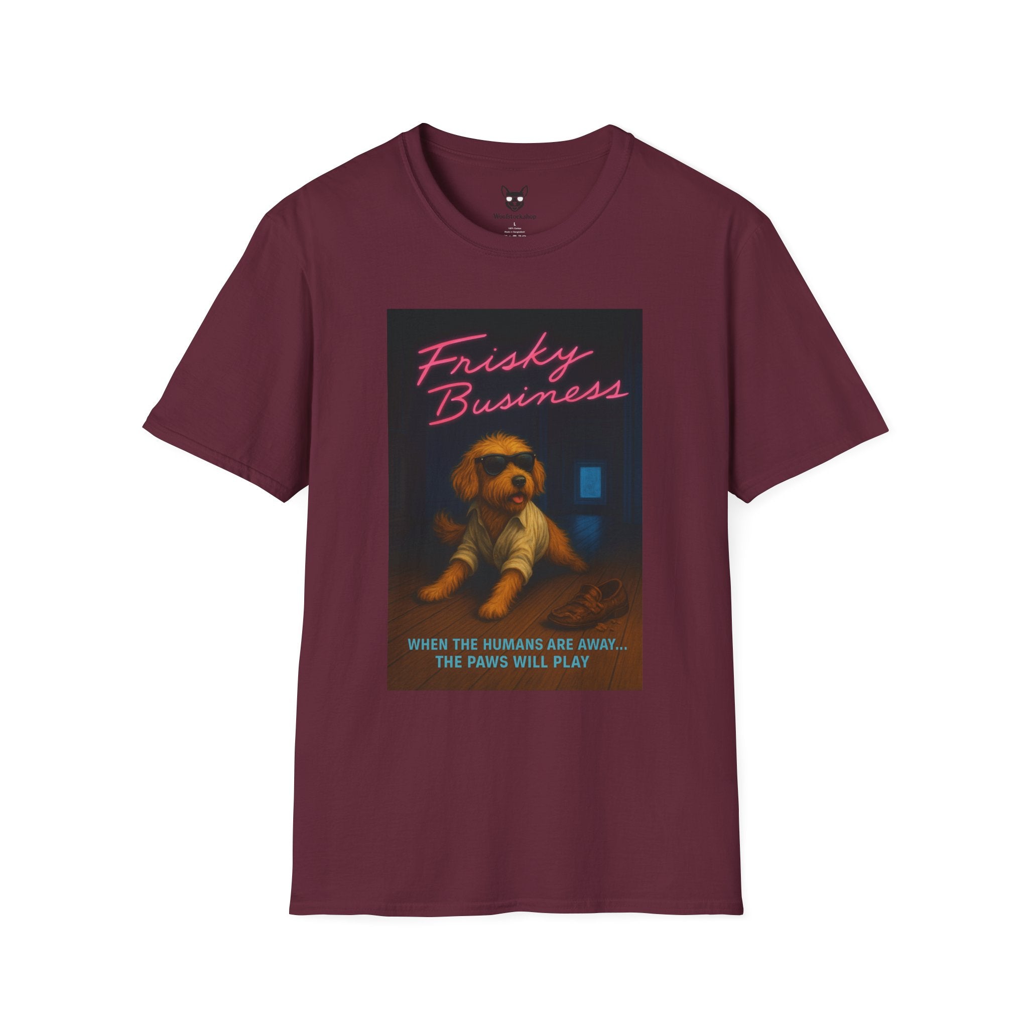 Risky Business Movie Poster Dog Parody Unisex Softstyle T-Shirt -- Funny Dog Movie Tee for Film and Dog Lovers