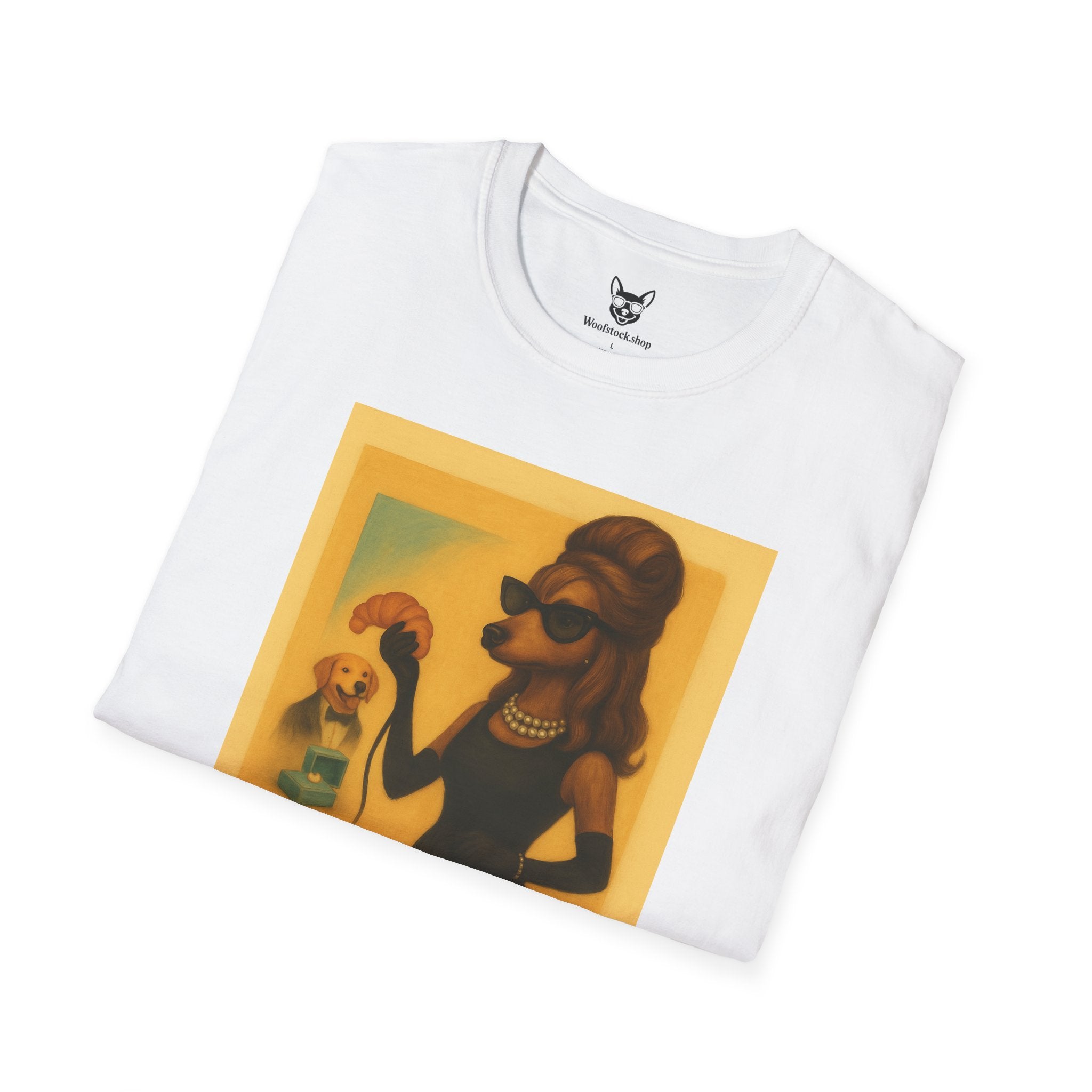 Breakfast at Tiffany's Movie Poster Dog Parody Unisex Softstyle T-Shirt -- Funny Audrey Hepburn Movie Tee for Film and Dog Lovers