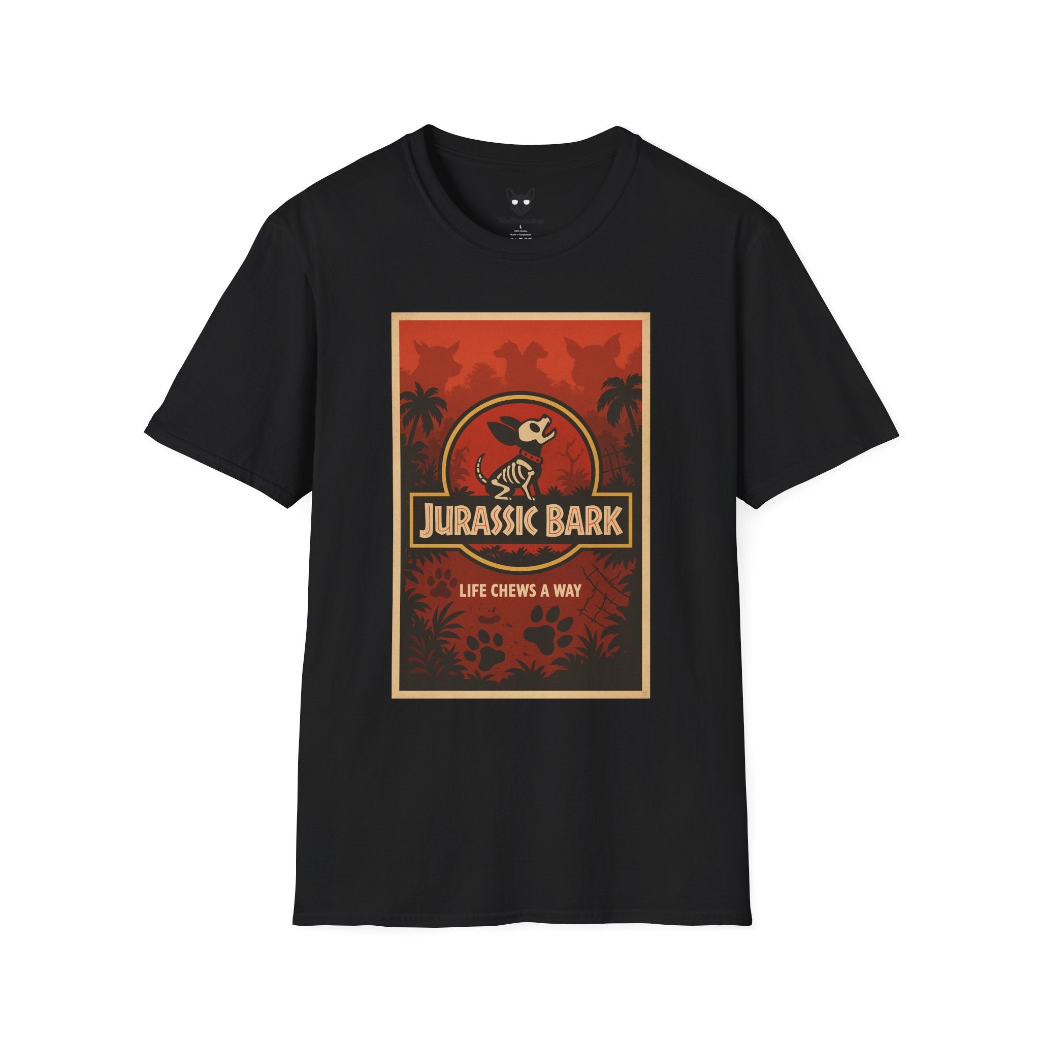 Jurassic Park Movie Poster Dog Parody Unisex Softstyle T-Shirt -- Funny Dog Movie Tee for Film and Dog Lovers