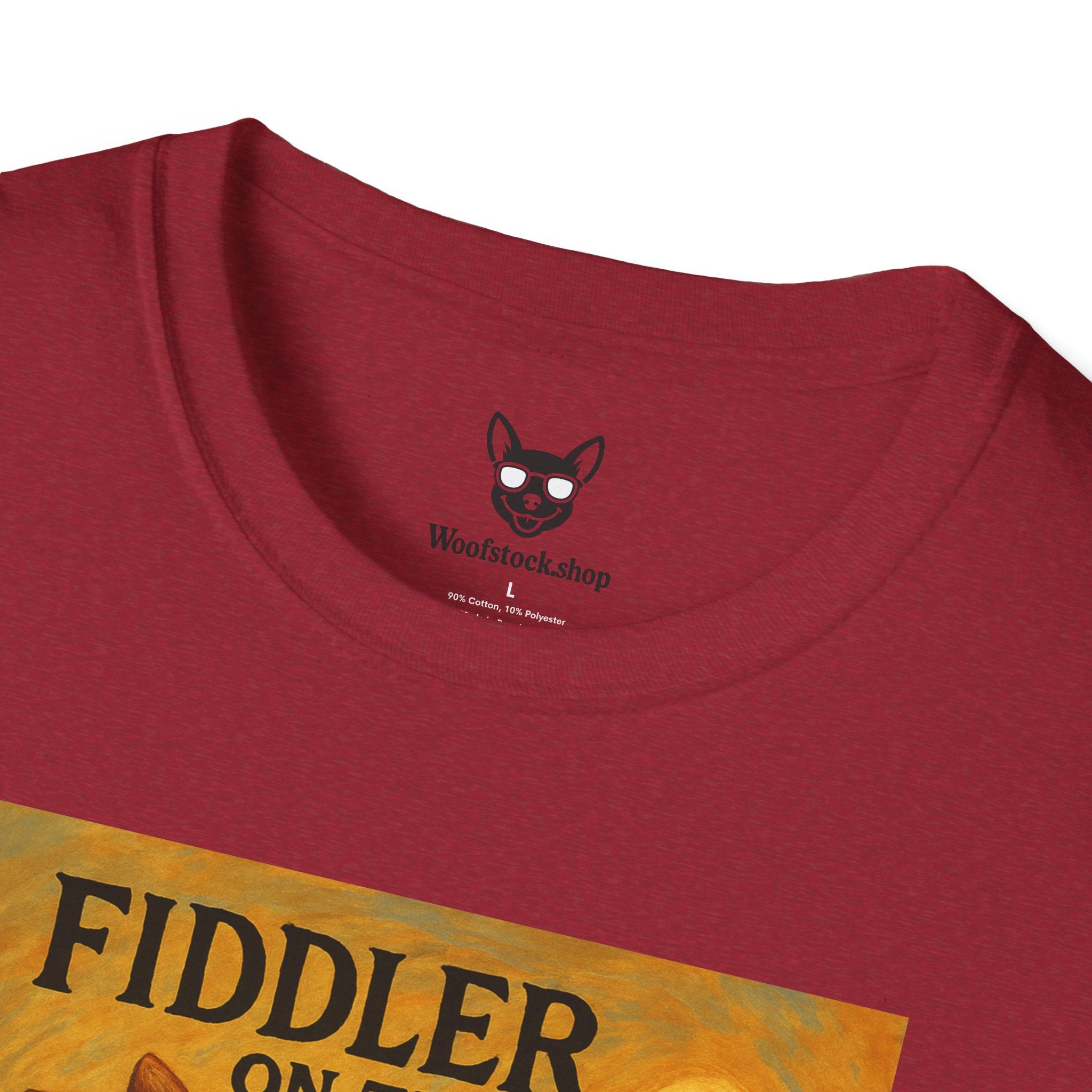 Fiddler on the Woof Broadway Poster Dog Parody Unisex Softstyle T-Shirt -- Funny Broadway Movie Tee for Theater and Dog Lovers