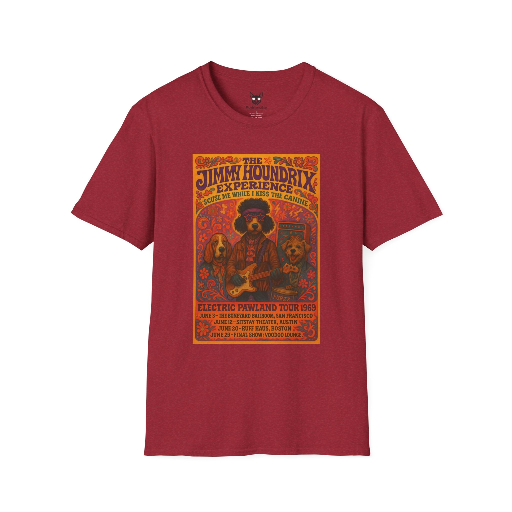 Jimi Hendrix Concert Poster Dog Parody Unisex Softstyle T-Shirt -- Funny Rock Tee for Music and Dog Lovers