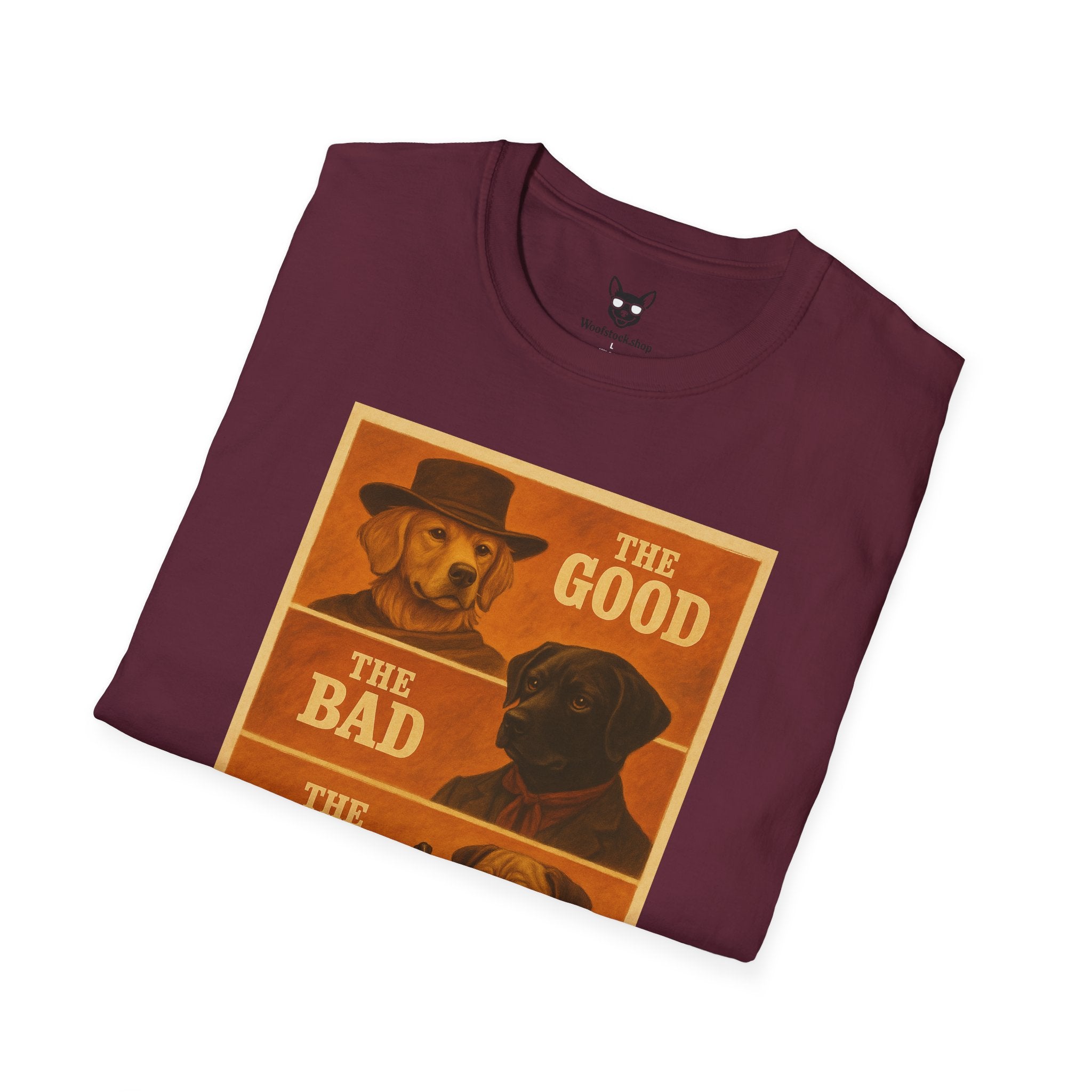 The Good, The Bad, & The Ugly Movie Poster Dog Parody Unisex Softstyle T-Shirt – Funny Movie Tee for Film and Dog Lovers