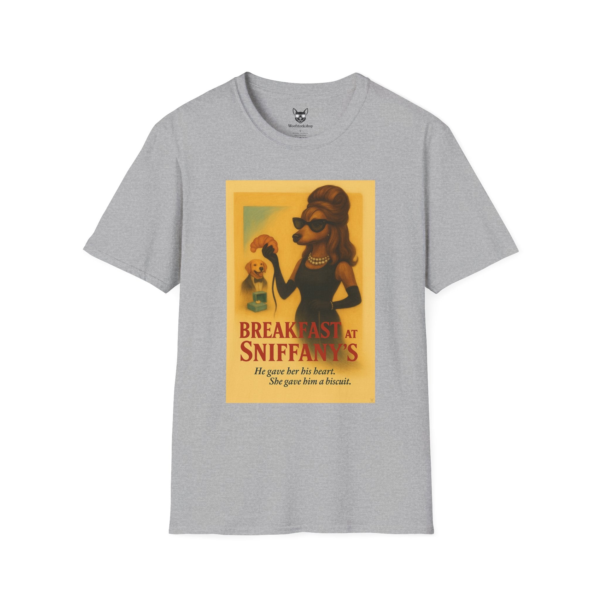Breakfast at Tiffany's Movie Poster Dog Parody Unisex Softstyle T-Shirt -- Funny Audrey Hepburn Movie Tee for Film and Dog Lovers