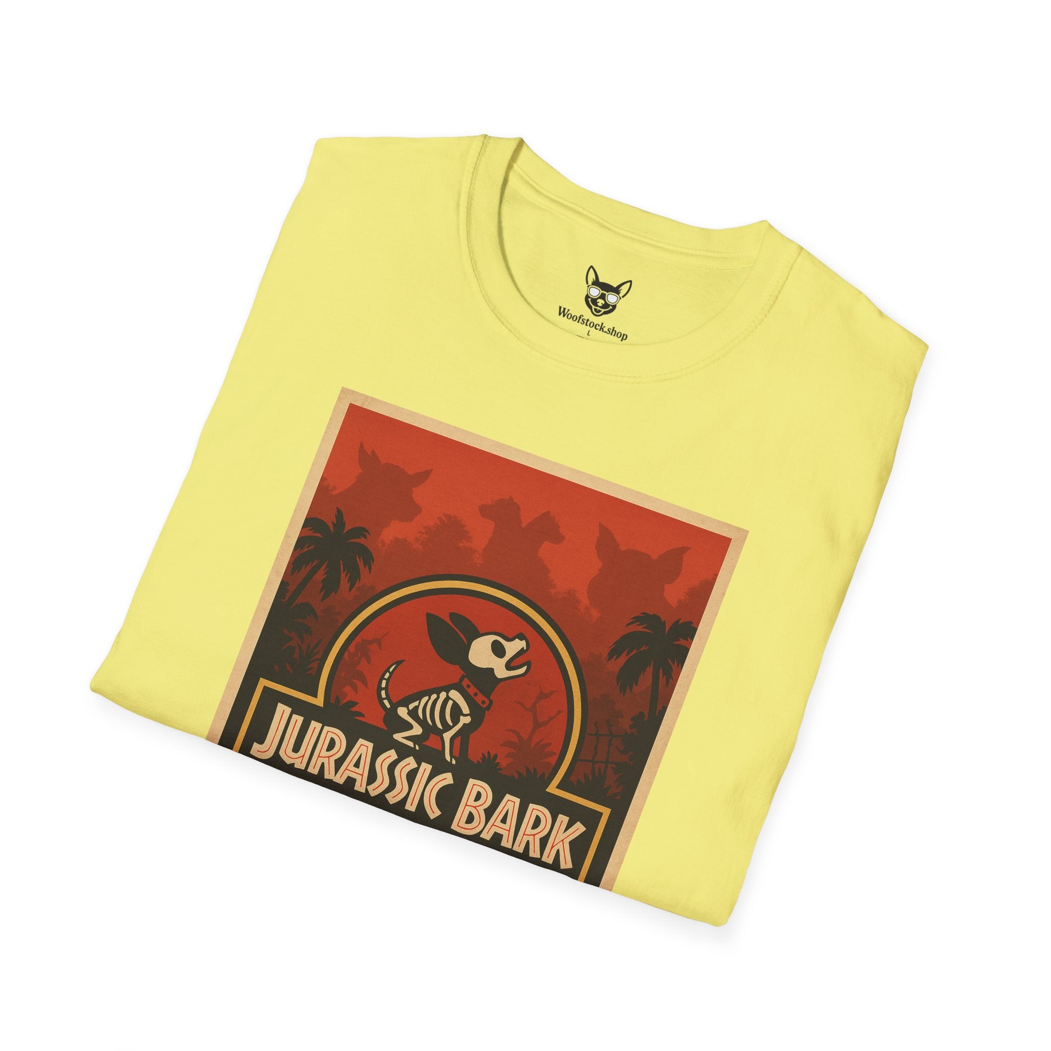 Jurassic Park Movie Poster Dog Parody Unisex Softstyle T-Shirt -- Funny Dog Movie Tee for Film and Dog Lovers
