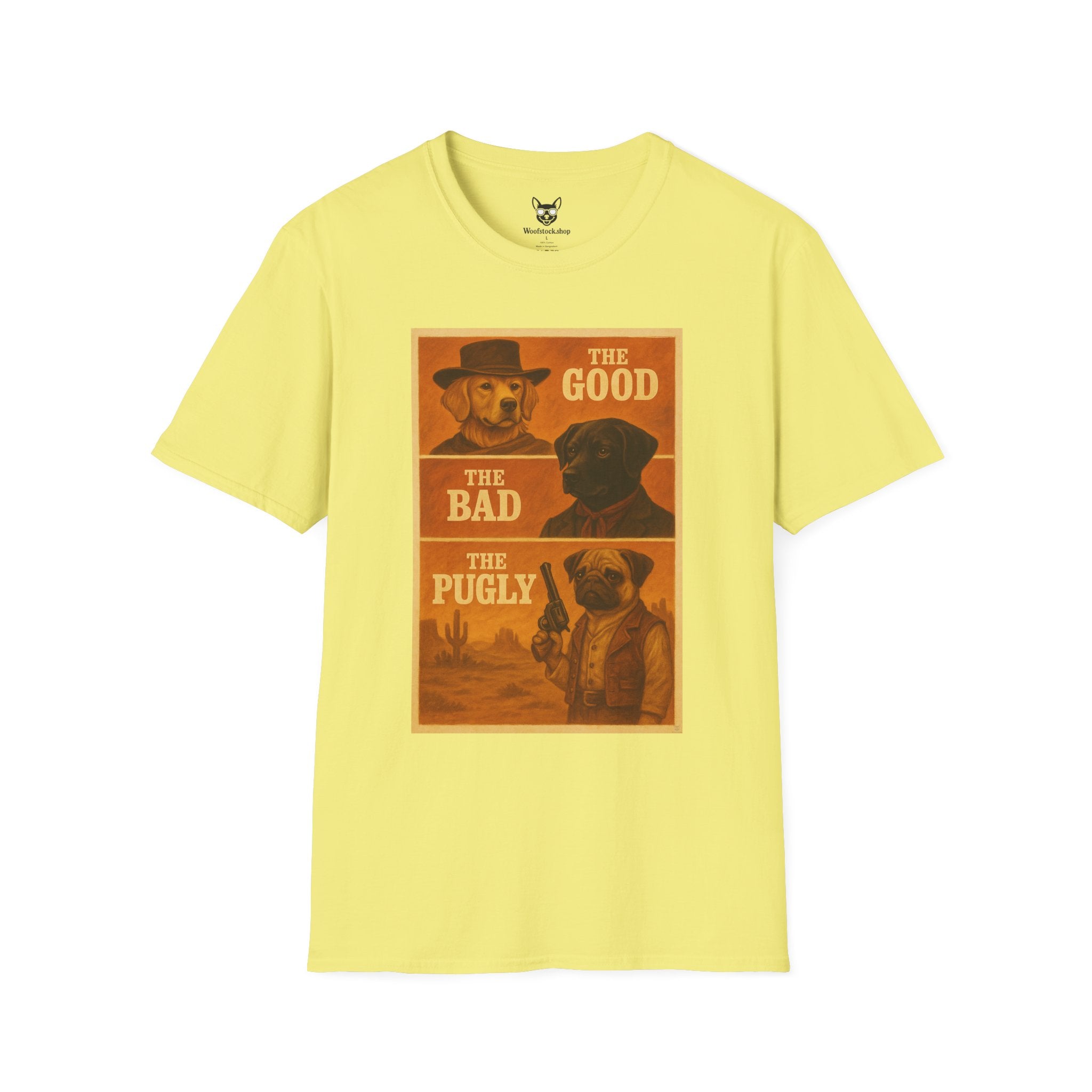 The Good, The Bad, & The Ugly Movie Poster Dog Parody Unisex Softstyle T-Shirt – Funny Movie Tee for Film and Dog Lovers