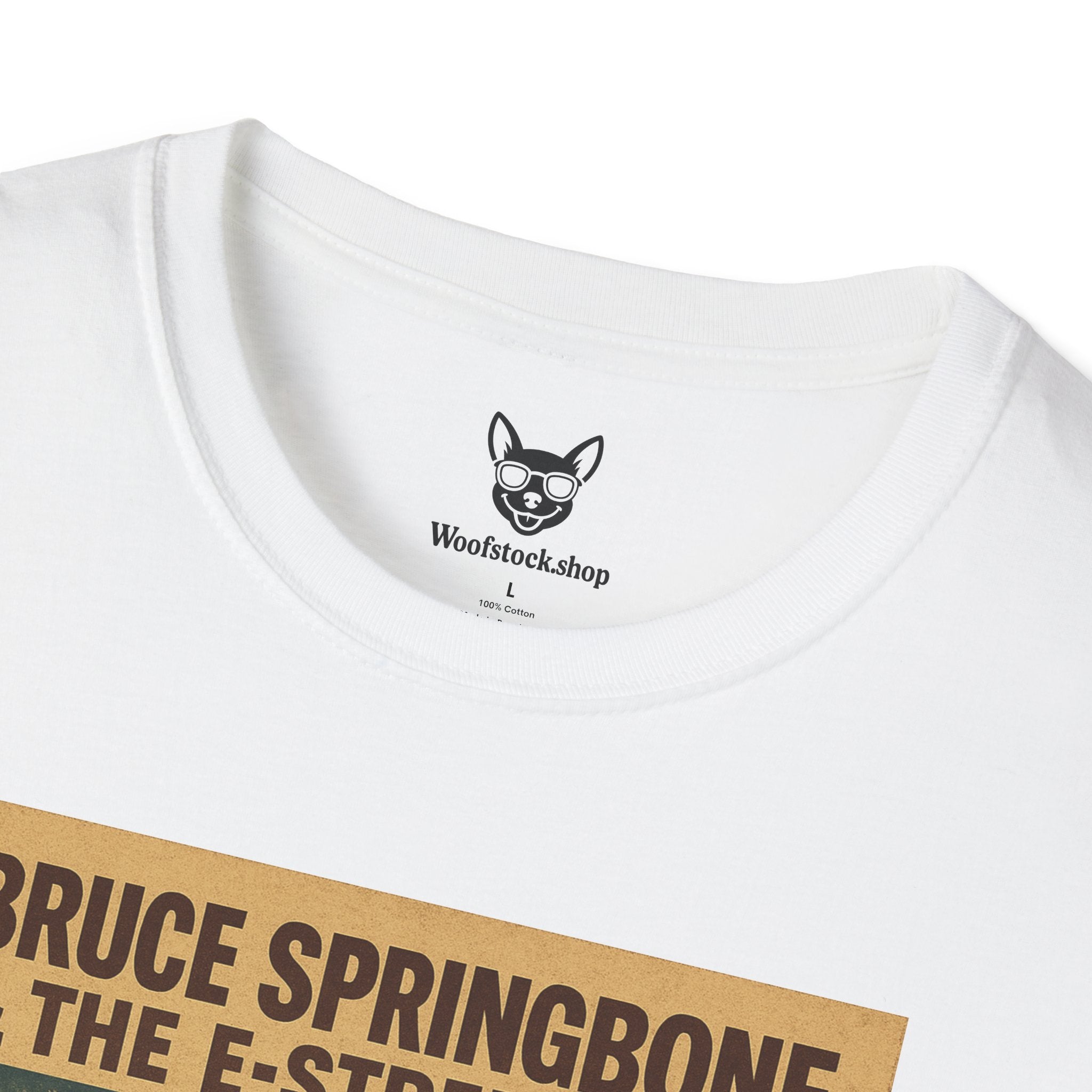 Bruce Springsteen Concert Poster Dog Parody Unisex Softstyle T-Shirt -- Funny Rock Tee for Music and Dog Lovers