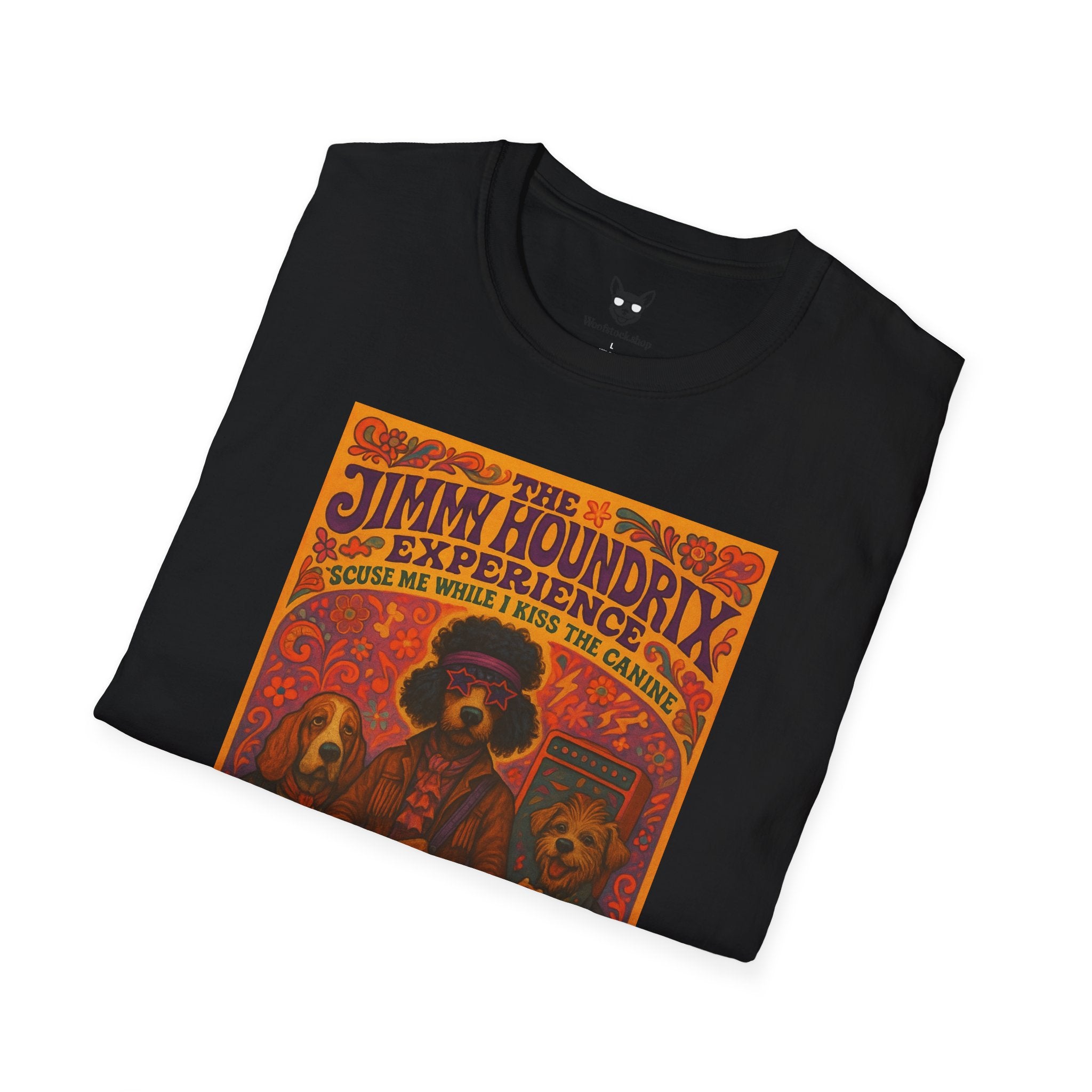 Jimi Hendrix Concert Poster Dog Parody Unisex Softstyle T-Shirt -- Funny Rock Tee for Music and Dog Lovers