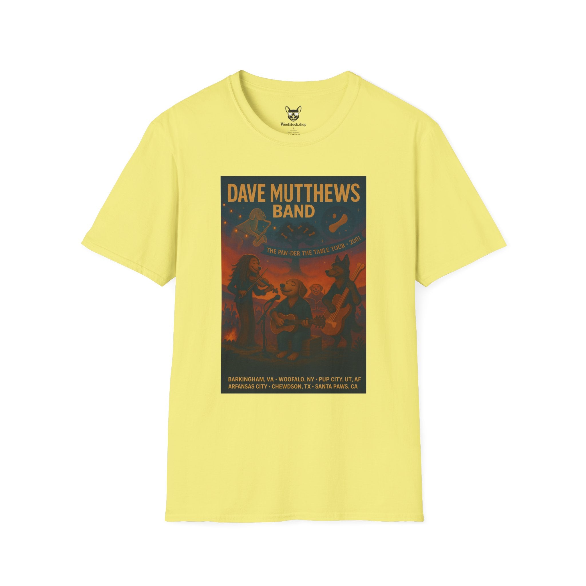 Dave Matthews Band Concert Poster Dog Parody Unisex Softstyle T-Shirt -- Funny Dog Concert Tee for Music and Dog Lovers