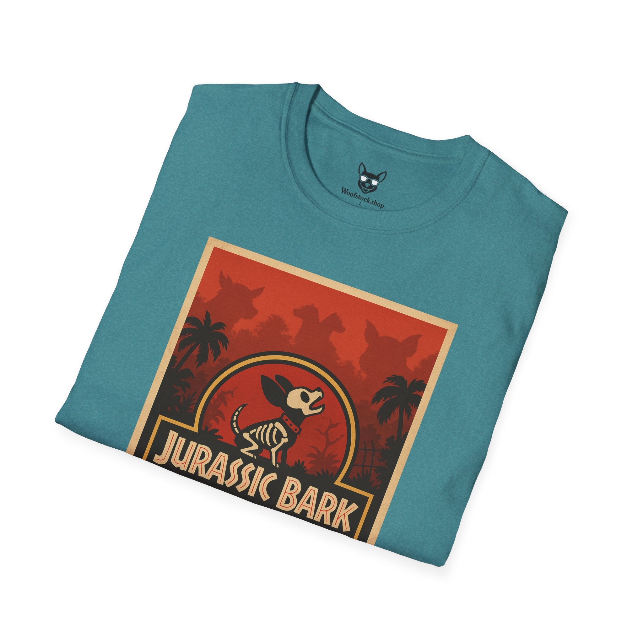 Jurassic Park Movie Poster Dog Parody Unisex Softstyle T-Shirt -- Funny Dog Movie Tee for Film and Dog Lovers