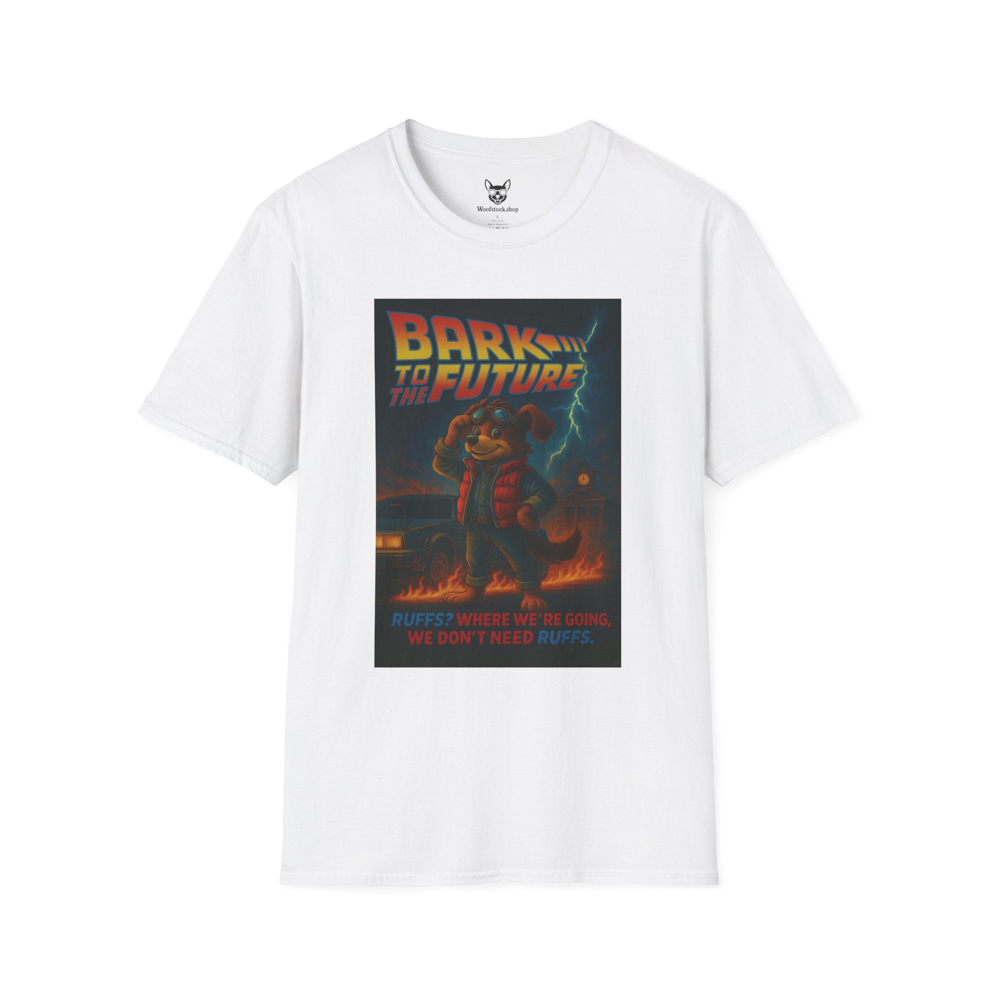 Back to the Future Movie Poster Dog Parody Unisex Softstyle T-Shirt -- Funny Dog Movie Tee for Film and Dog Lovers