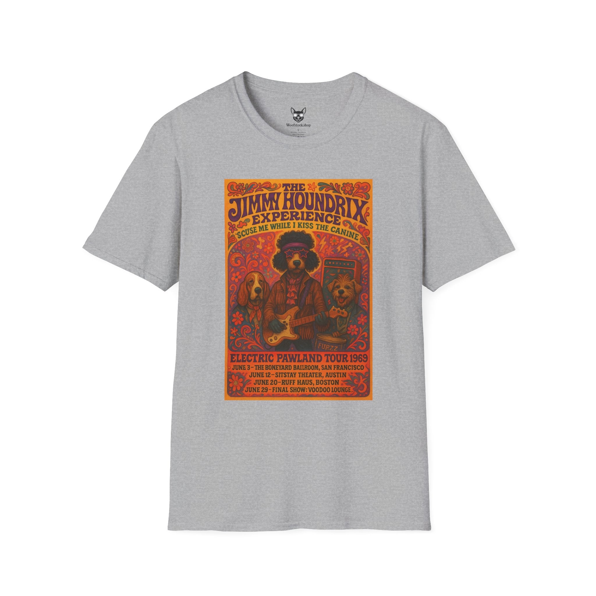 Jimi Hendrix Concert Poster Dog Parody Unisex Softstyle T-Shirt -- Funny Rock Tee for Music and Dog Lovers