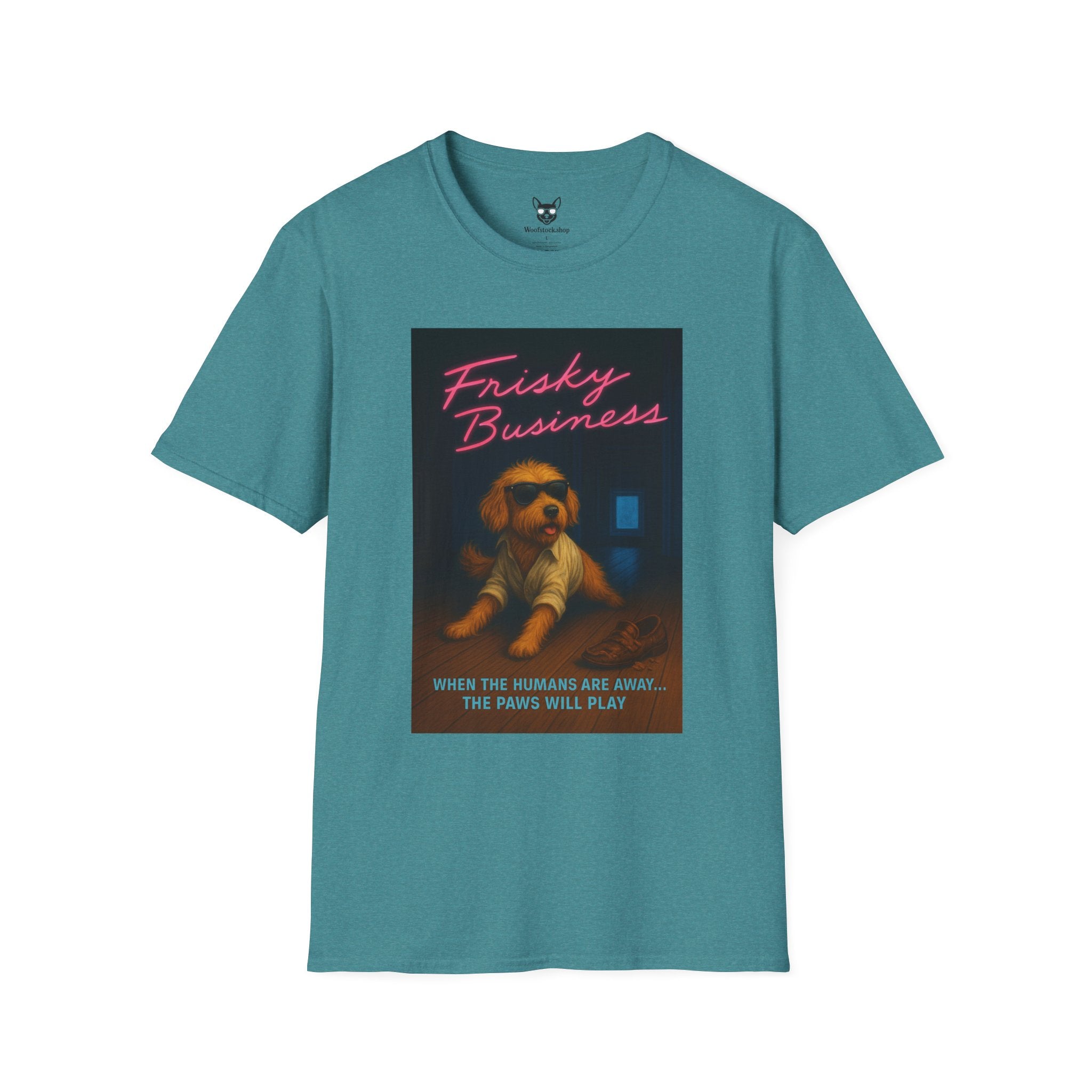 Risky Business Movie Poster Dog Parody Unisex Softstyle T-Shirt -- Funny Dog Movie Tee for Film and Dog Lovers