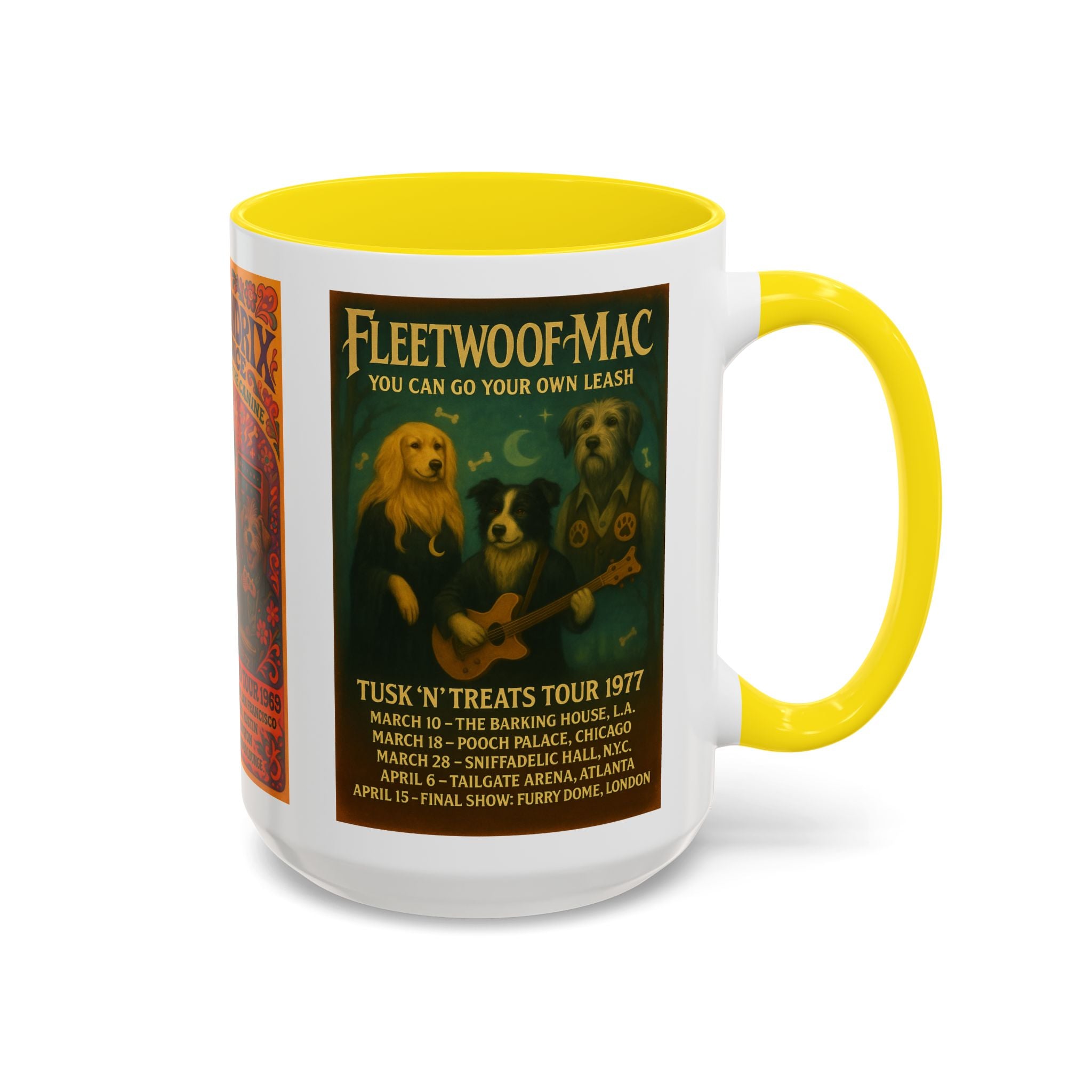 Concert Poster Dog Parody Mug – Funny Bruce Springsteen, Jimi Hendrix, and Fleetwood Mac Parody Gift