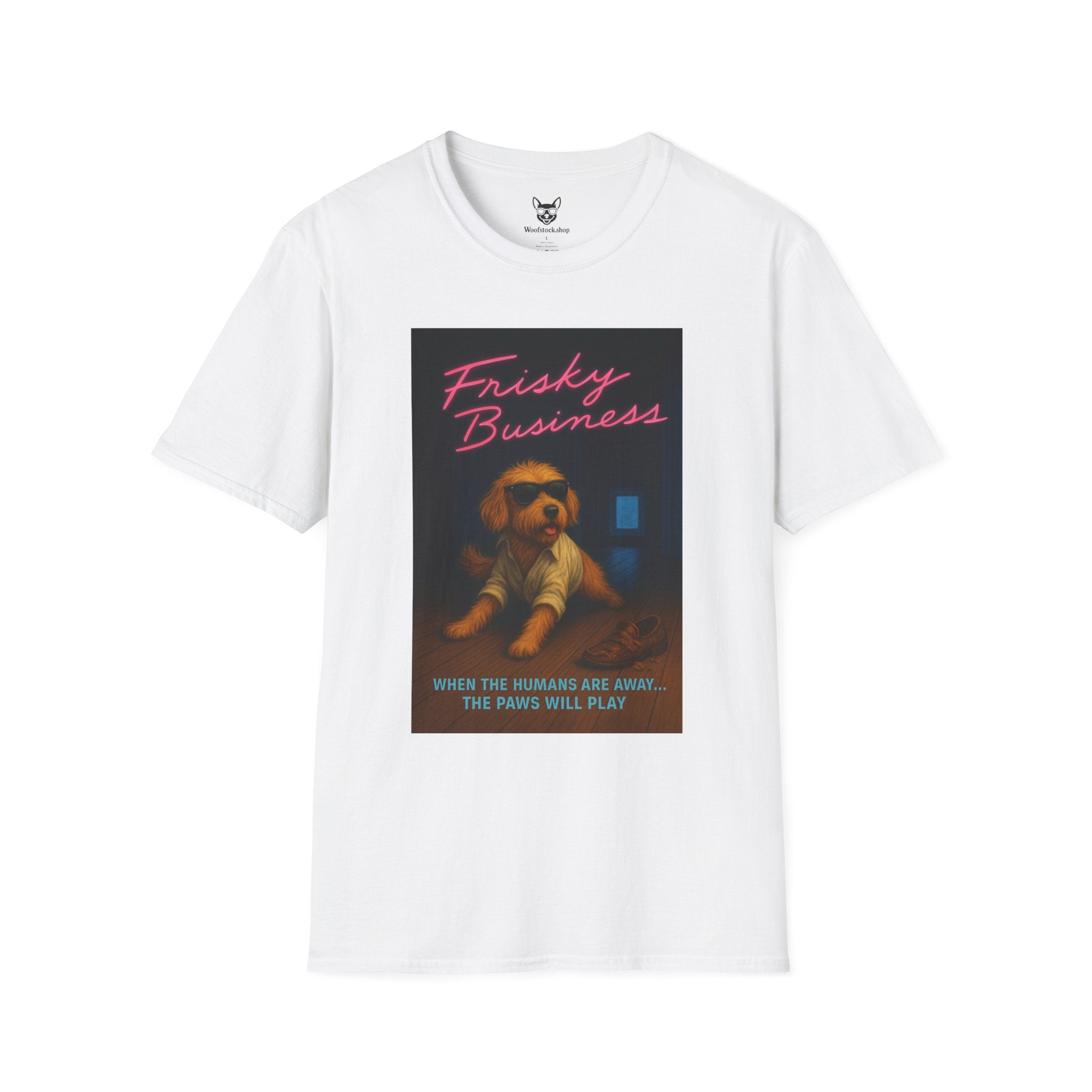 Risky Business Movie Poster Dog Parody Unisex Softstyle T-Shirt -- Funny Dog Movie Tee for Film and Dog Lovers