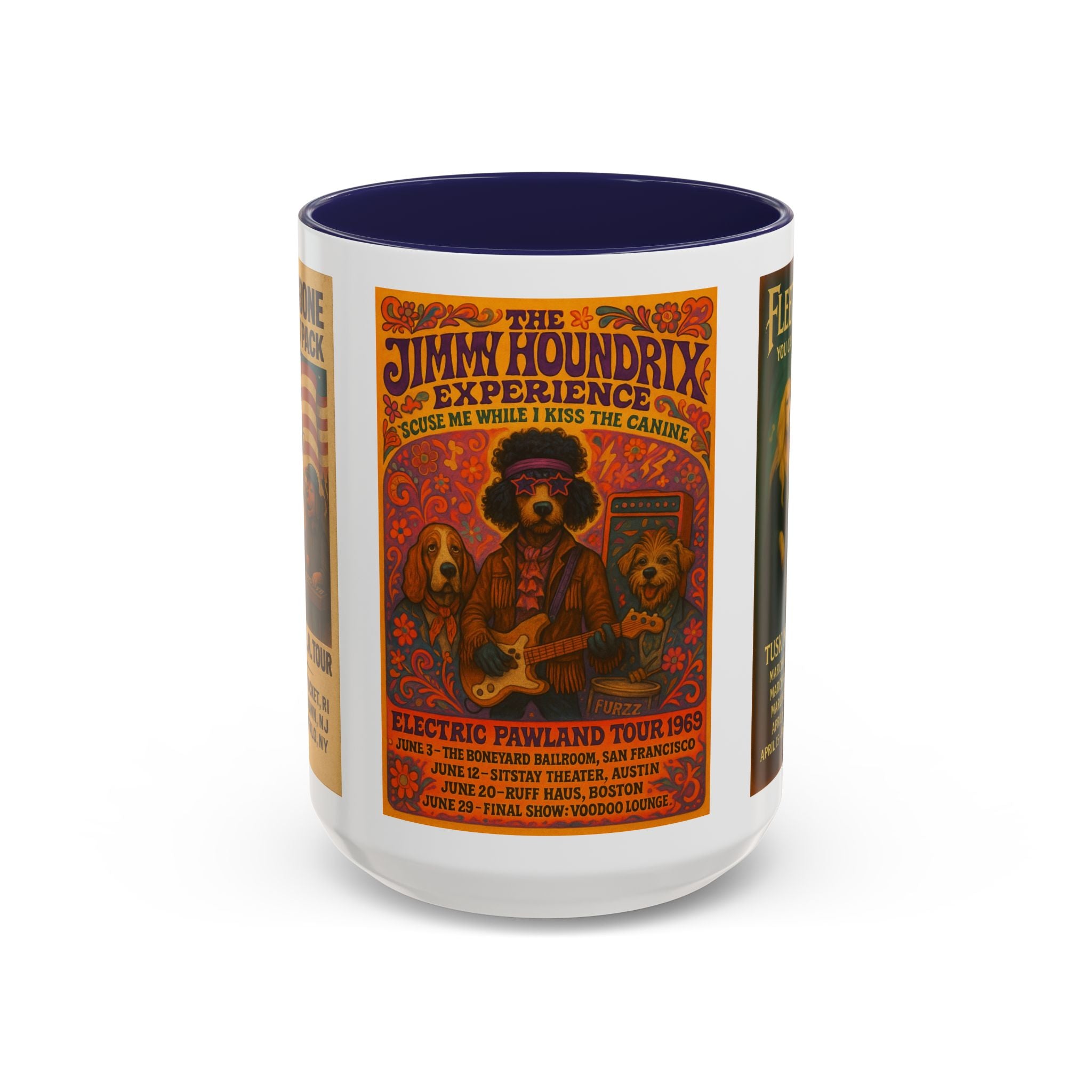 Concert Poster Dog Parody Mug – Funny Bruce Springsteen, Jimi Hendrix, and Fleetwood Mac Parody Gift