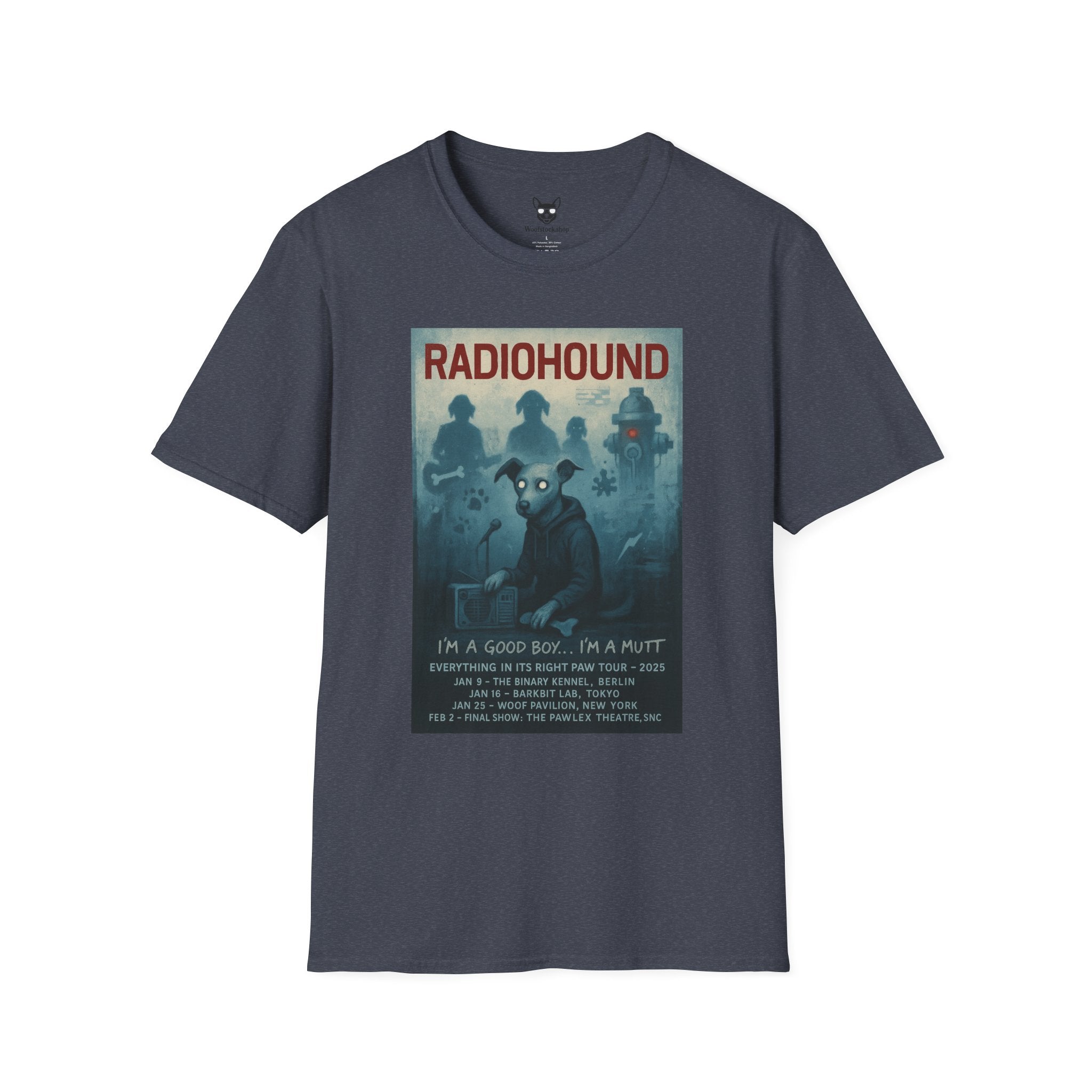 Radiohead Concert Poster Dog Parody Unisex Softstyle T-Shirt -- Funny Rock Tee for Music and Dog Lovers