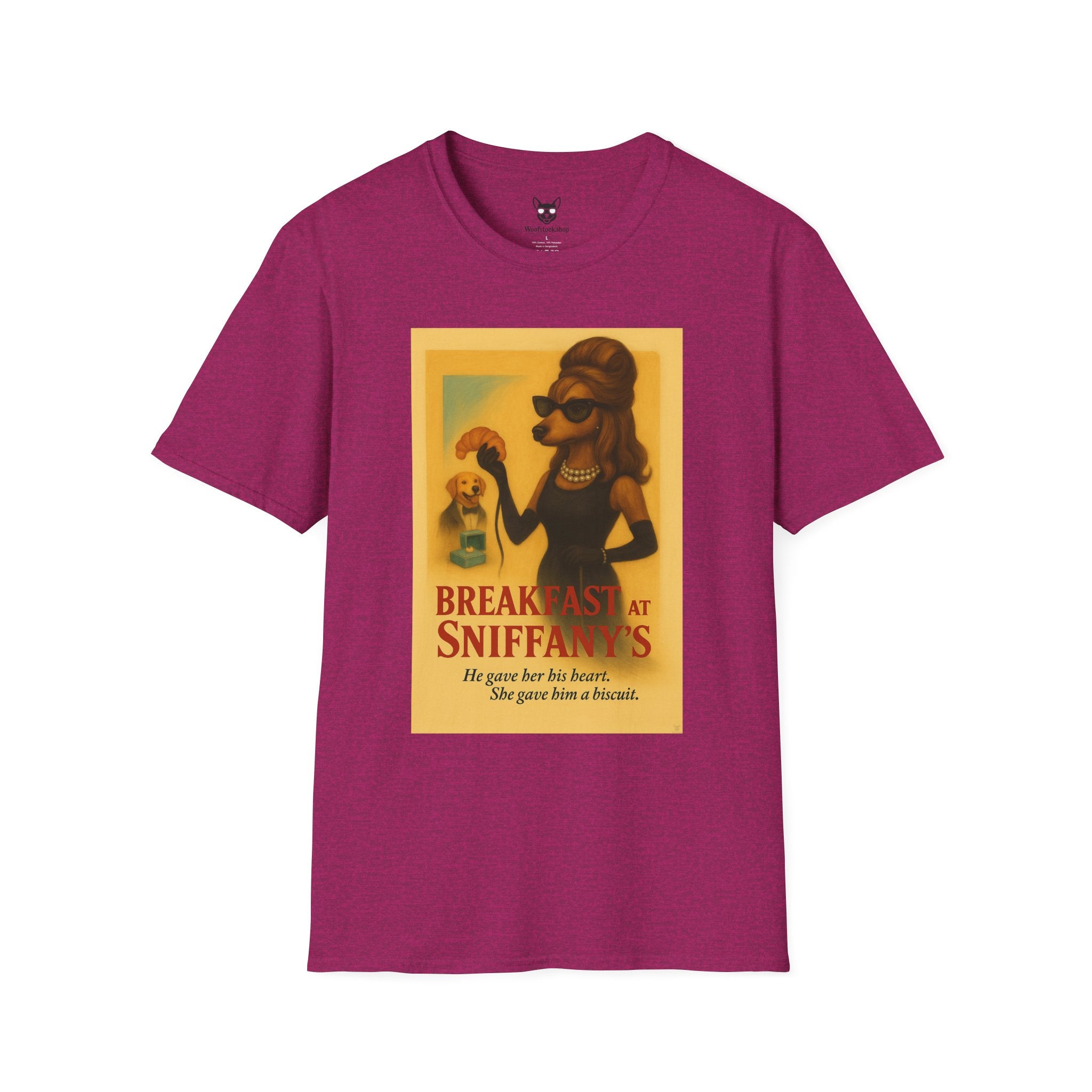 Breakfast at Tiffany's Movie Poster Dog Parody Unisex Softstyle T-Shirt -- Funny Audrey Hepburn Movie Tee for Film and Dog Lovers