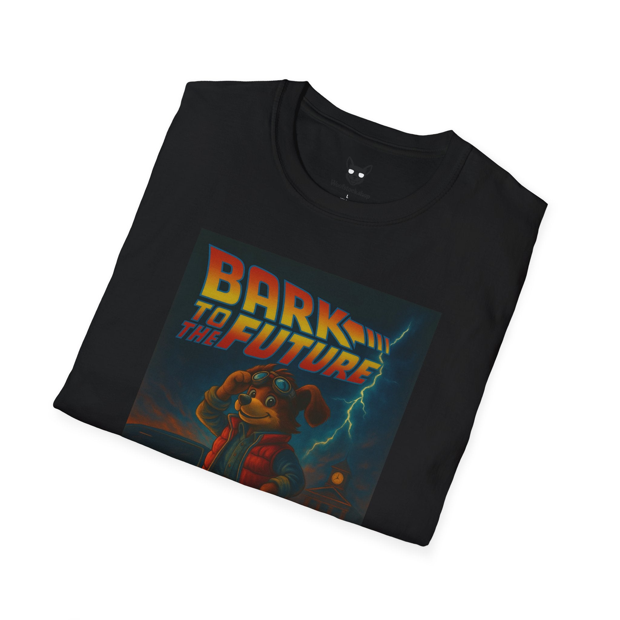 Back to the Future Movie Poster Dog Parody Unisex Softstyle T-Shirt -- Funny Dog Movie Tee for Film and Dog Lovers