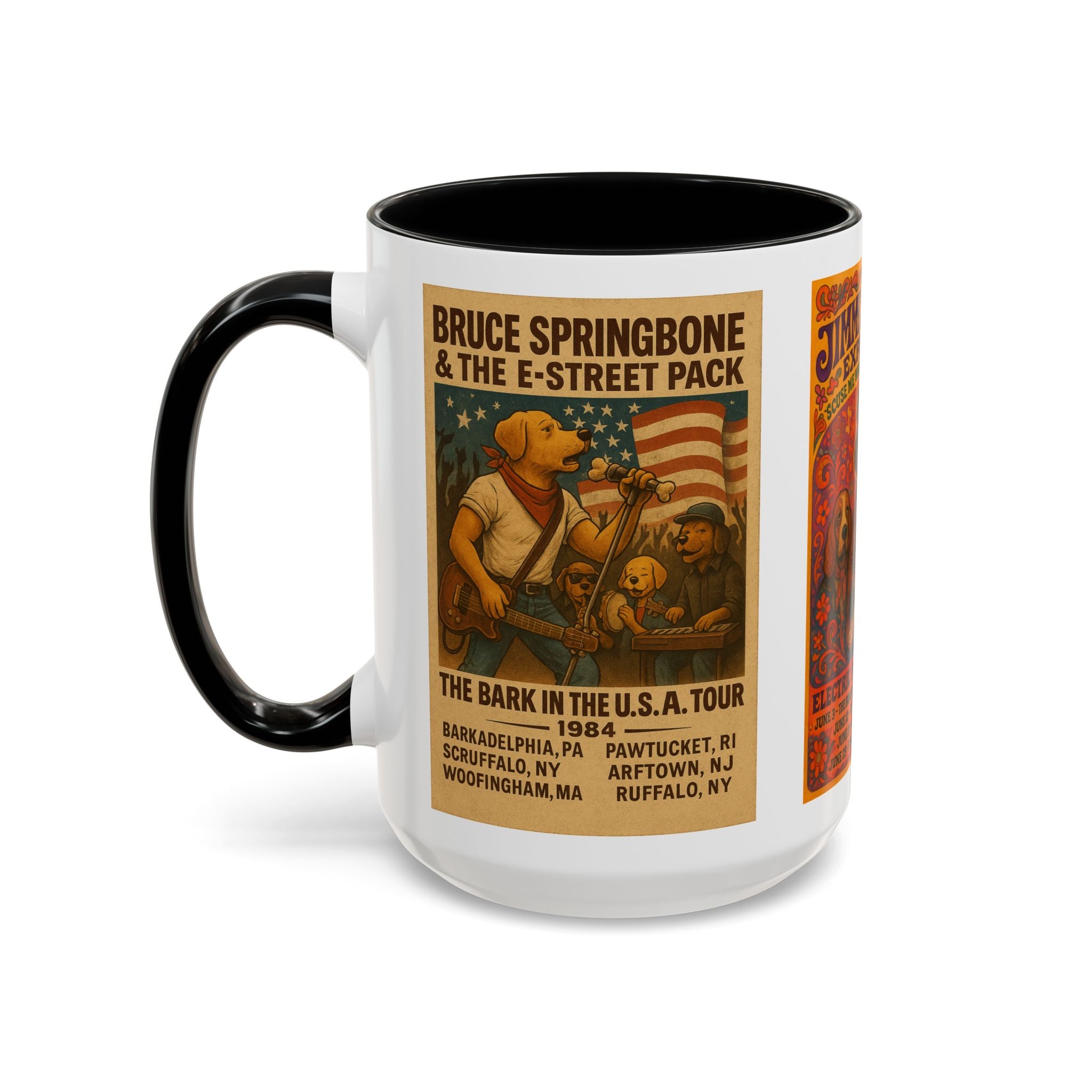 Concert Poster Dog Parody Mug – Funny Bruce Springsteen, Jimi Hendrix, and Fleetwood Mac Parody Gift