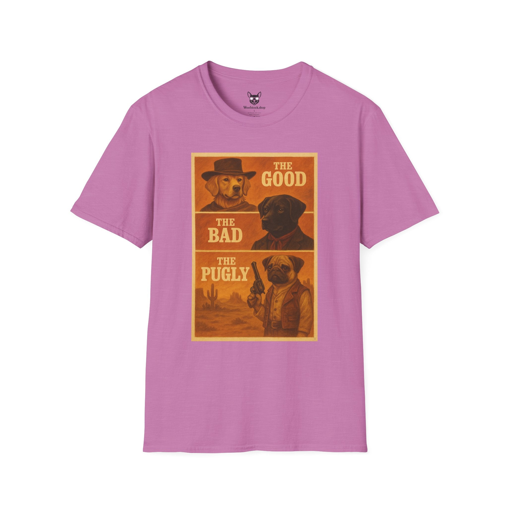The Good, The Bad, & The Ugly Movie Poster Dog Parody Unisex Softstyle T-Shirt – Funny Movie Tee for Film and Dog Lovers