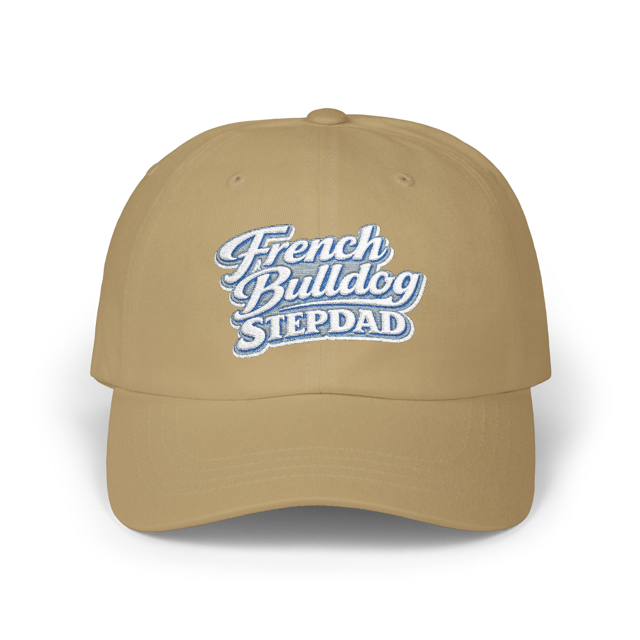 French Bulldog Stepdad Dad Cap — Embroidered White Baseball Hat for Dog Lovers