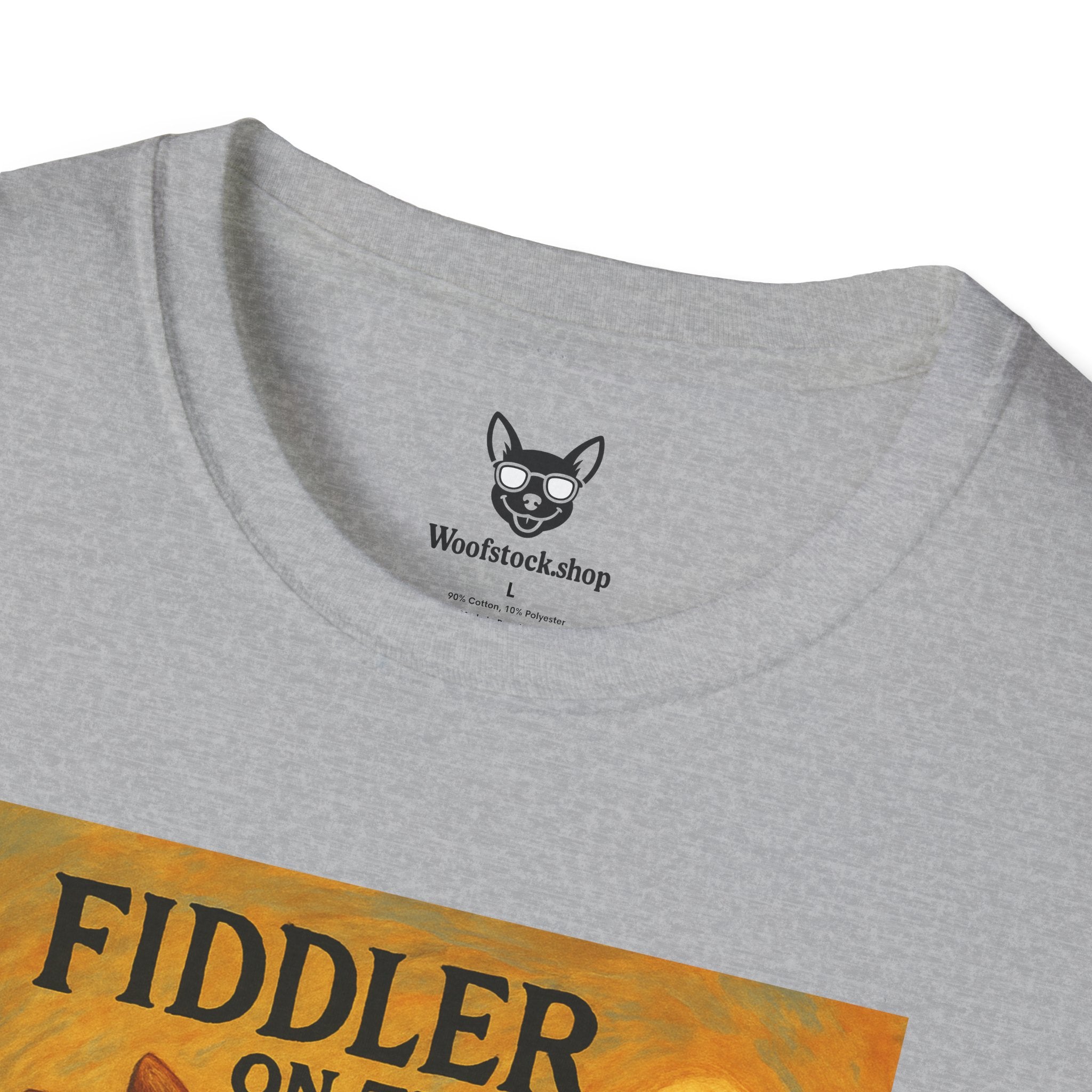 Fiddler on the Woof Broadway Poster Dog Parody Unisex Softstyle T-Shirt -- Funny Broadway Movie Tee for Theater and Dog Lovers