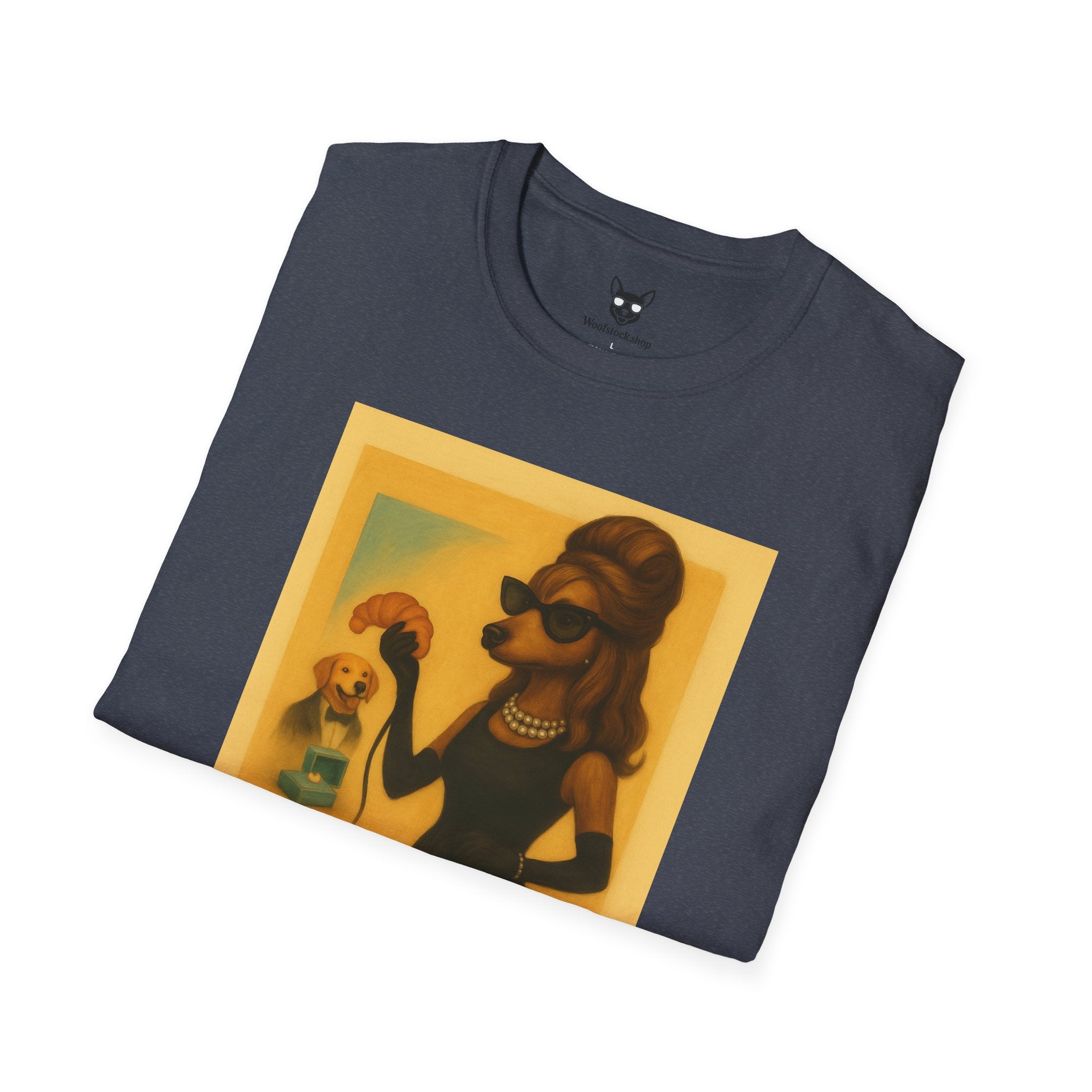 Breakfast at Tiffany's Movie Poster Dog Parody Unisex Softstyle T-Shirt -- Funny Audrey Hepburn Movie Tee for Film and Dog Lovers