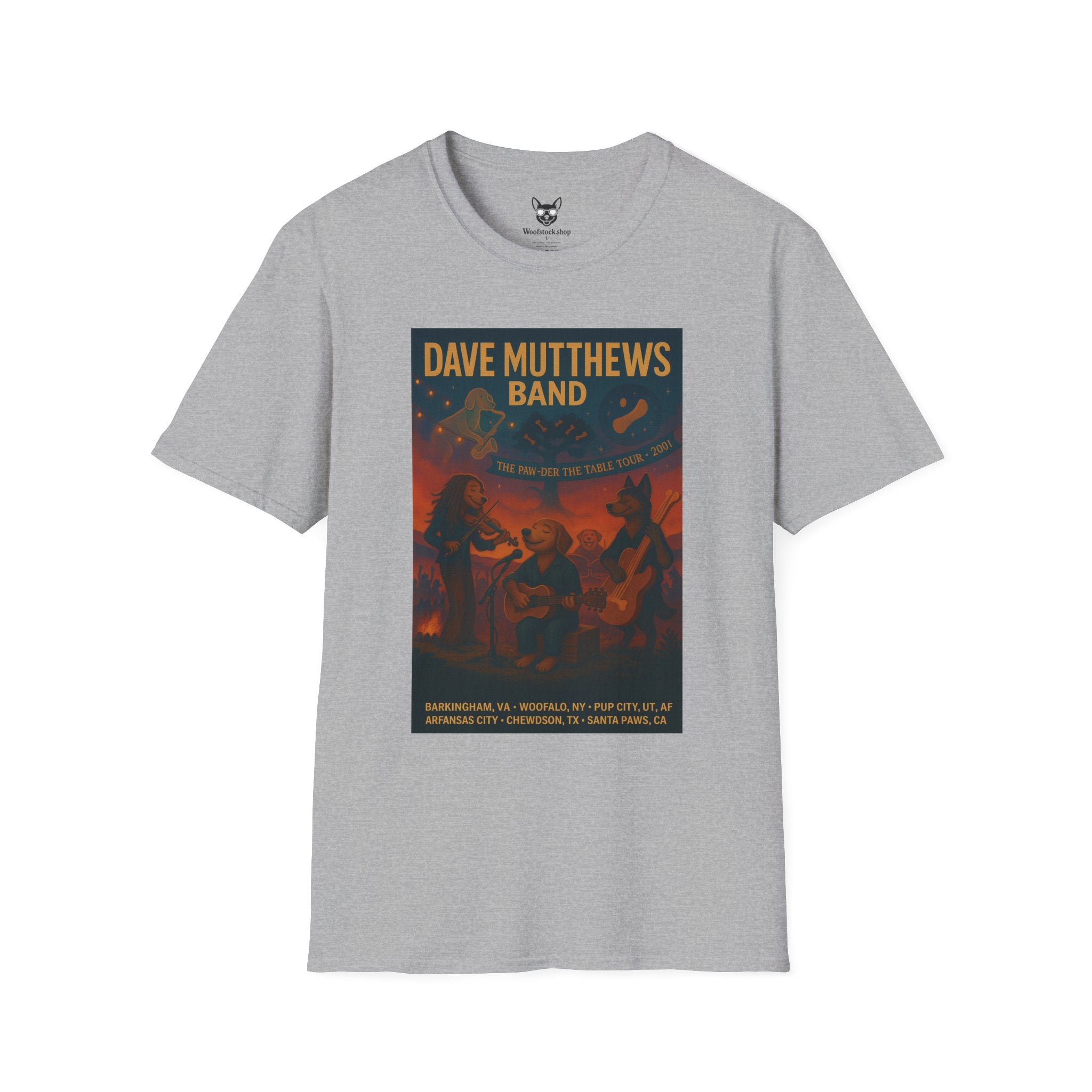 Dave Matthews Band Concert Poster Dog Parody Unisex Softstyle T-Shirt -- Funny Dog Concert Tee for Music and Dog Lovers