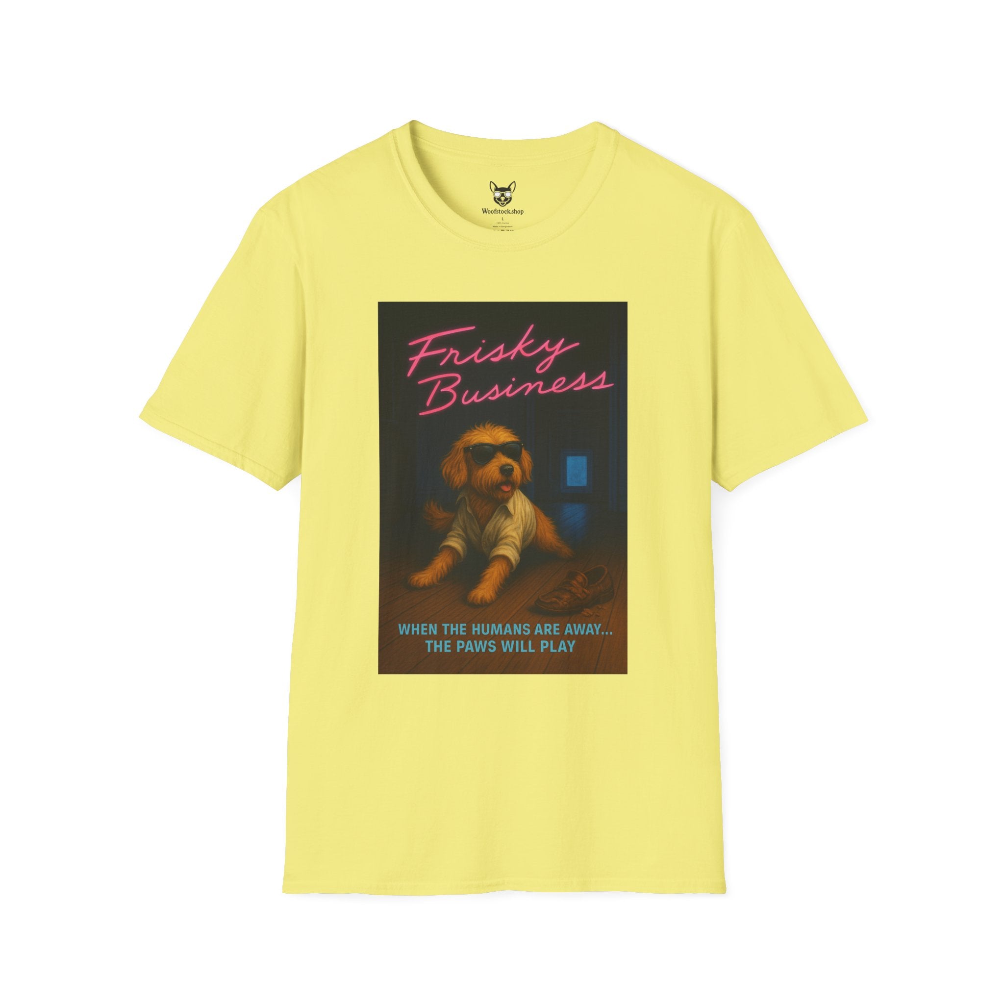 Risky Business Movie Poster Dog Parody Unisex Softstyle T-Shirt -- Funny Dog Movie Tee for Film and Dog Lovers