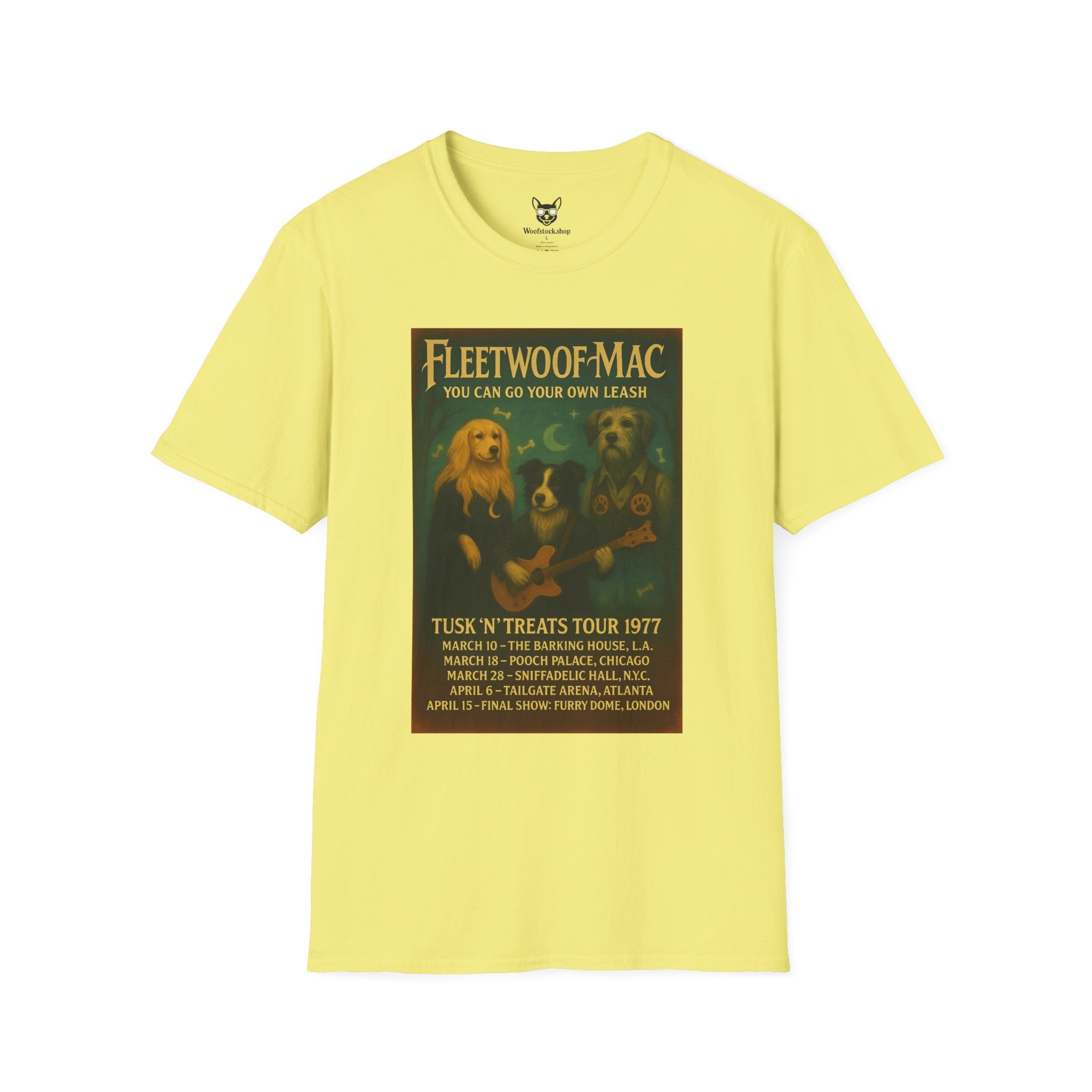 Fleetwood Mac Concert Poster Dog Parody Unisex Softstyle T-Shirt – Funny Tee for Music and Dog Lovers