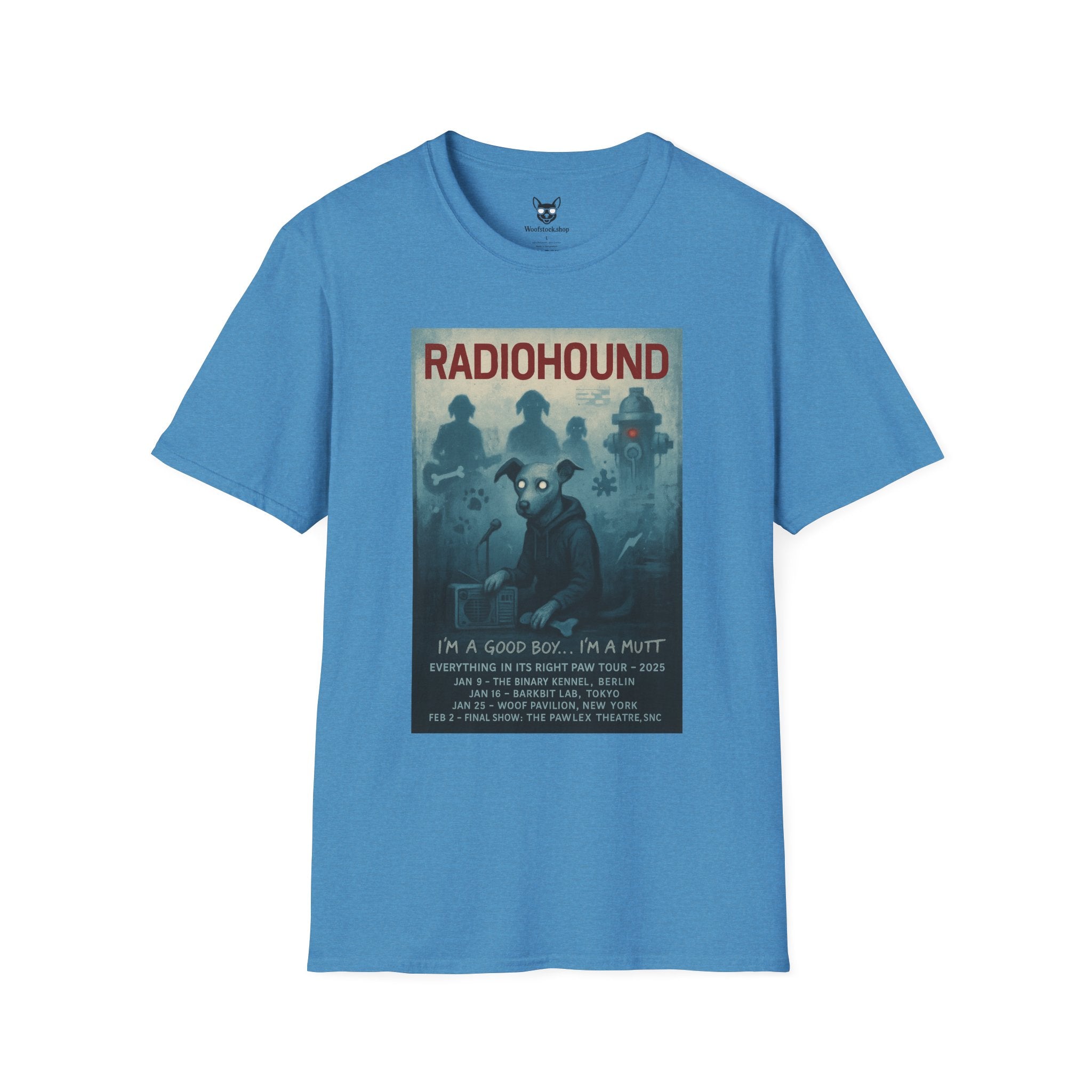 Radiohead Concert Poster Dog Parody Unisex Softstyle T-Shirt -- Funny Rock Tee for Music and Dog Lovers