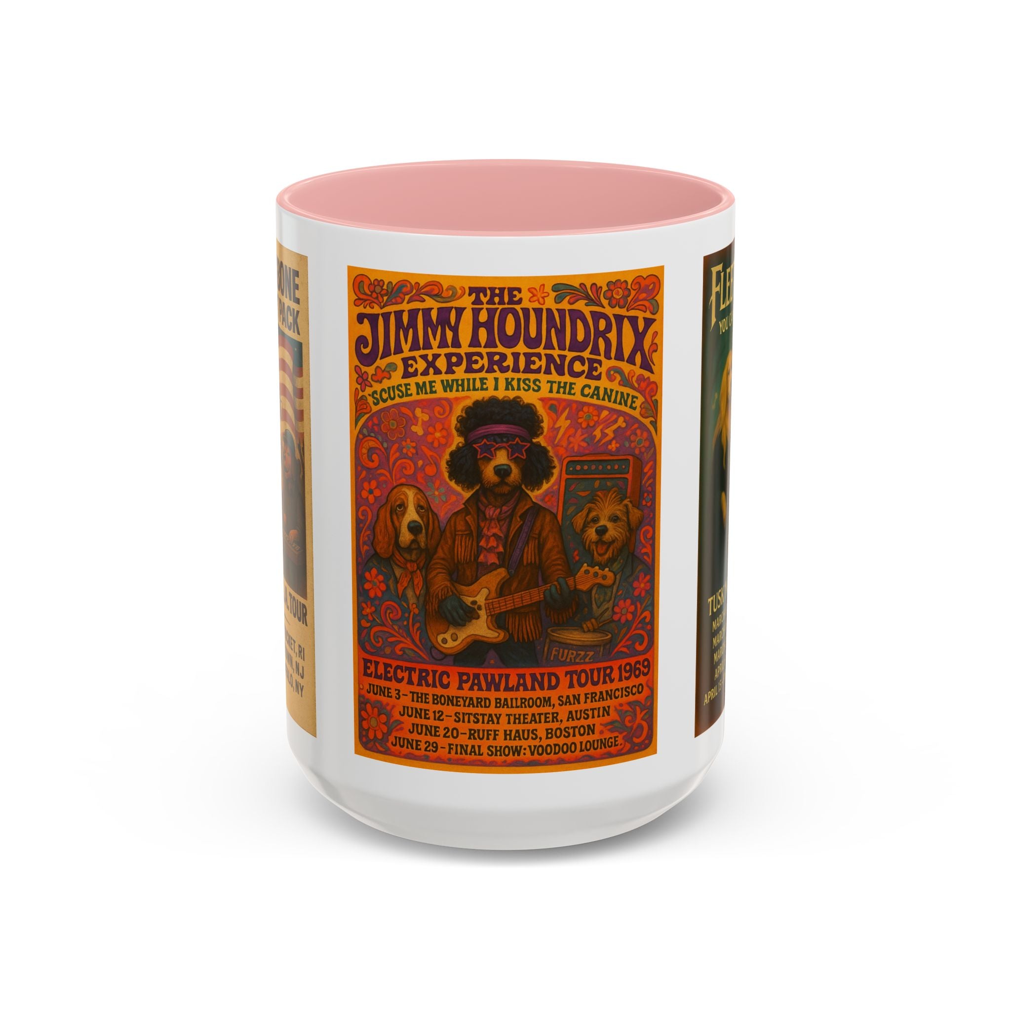 Concert Poster Dog Parody Mug – Funny Bruce Springsteen, Jimi Hendrix, and Fleetwood Mac Parody Gift