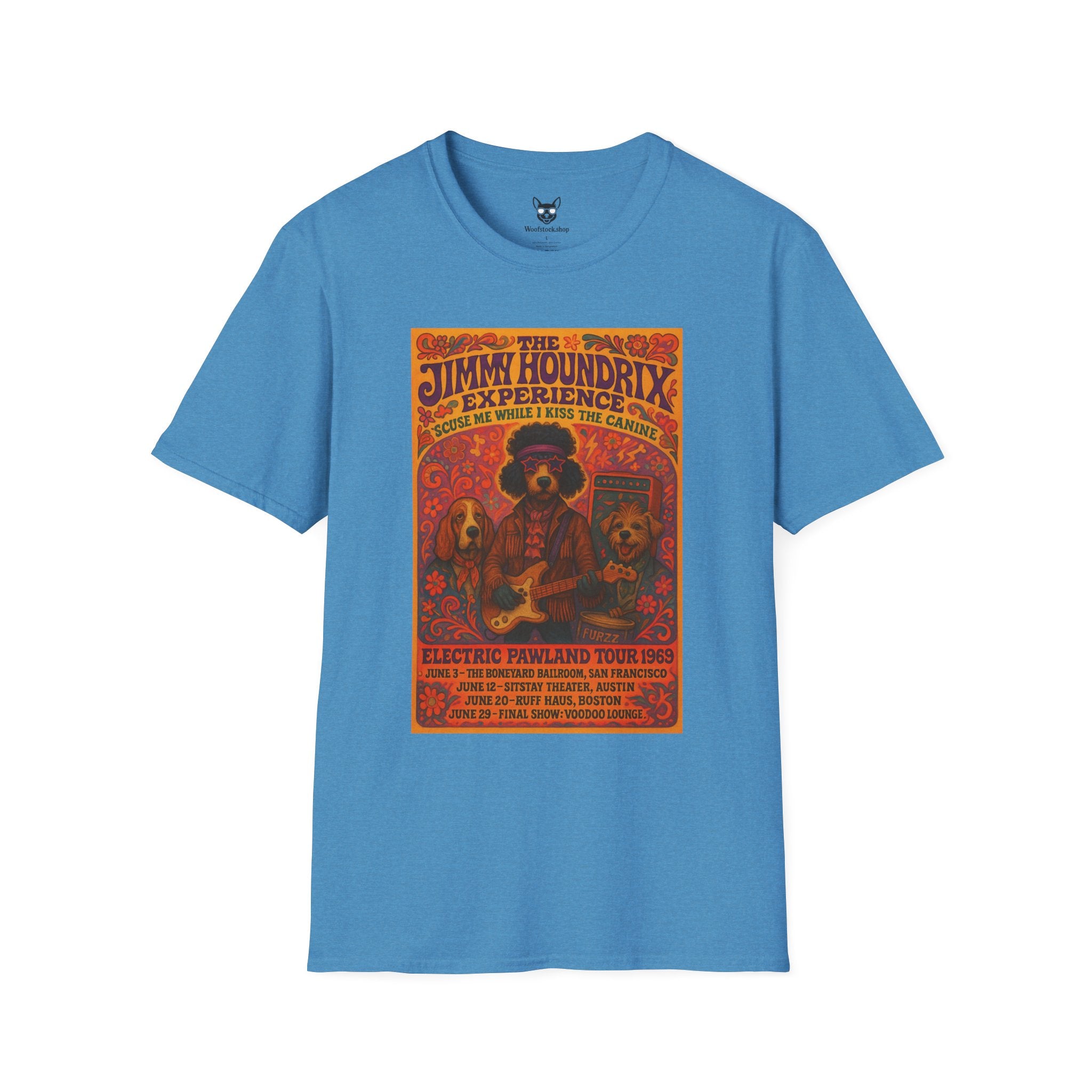 Jimi Hendrix Concert Poster Dog Parody Unisex Softstyle T-Shirt -- Funny Rock Tee for Music and Dog Lovers
