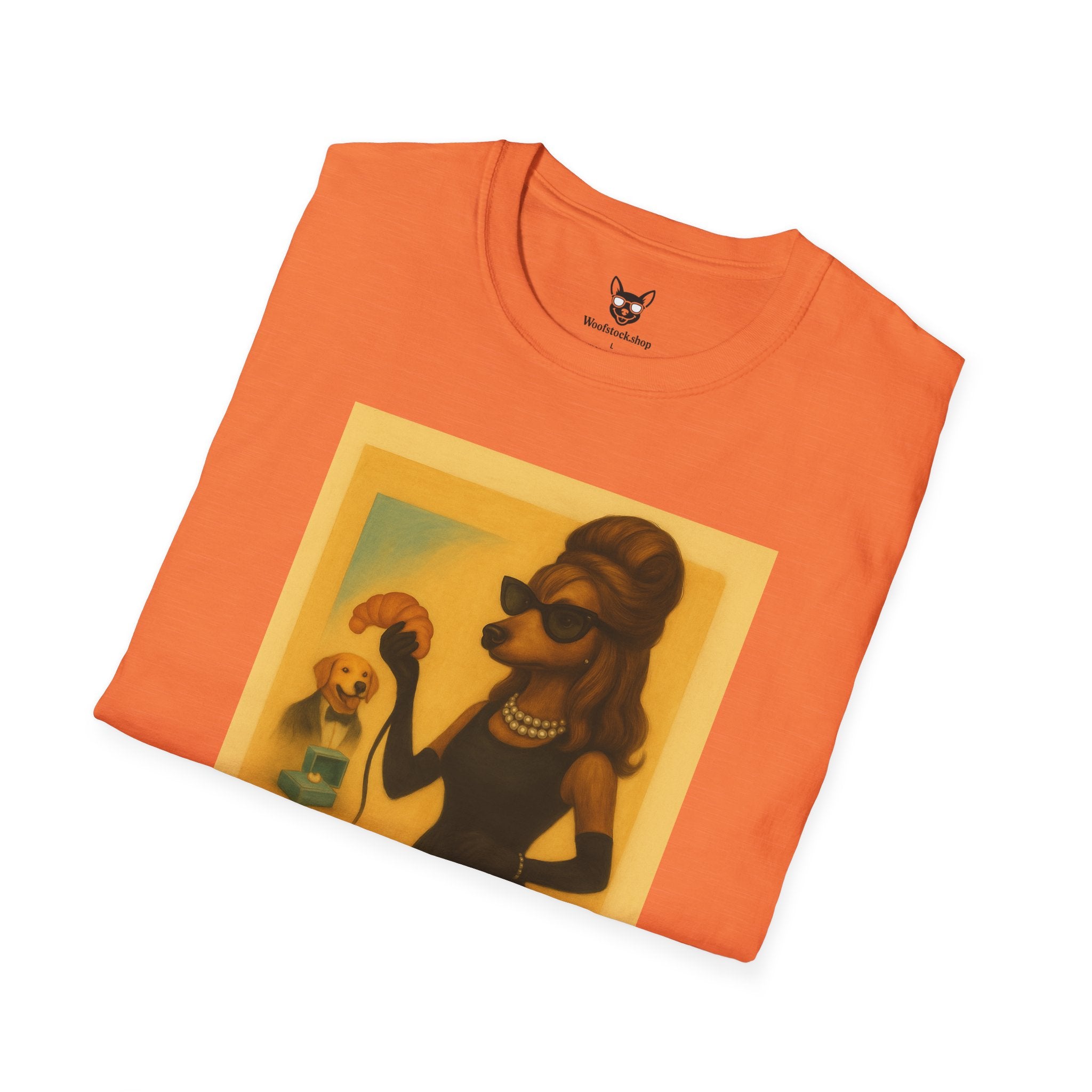 Breakfast at Tiffany's Movie Poster Dog Parody Unisex Softstyle T-Shirt -- Funny Audrey Hepburn Movie Tee for Film and Dog Lovers