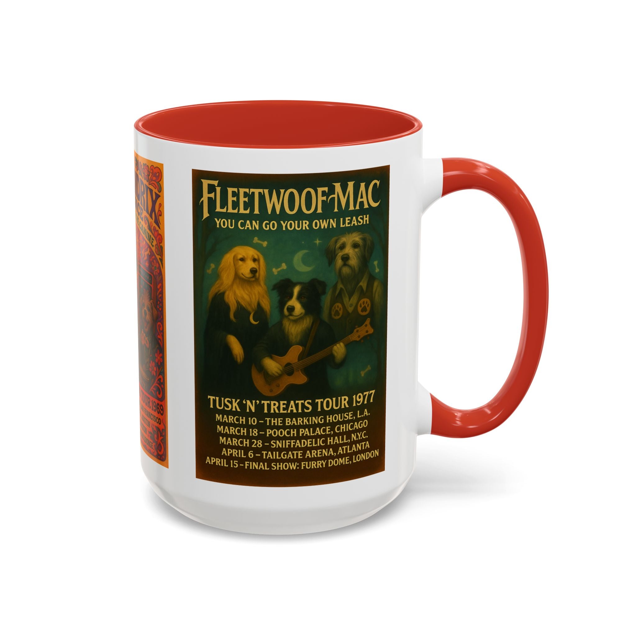 Concert Poster Dog Parody Mug – Funny Bruce Springsteen, Jimi Hendrix, and Fleetwood Mac Parody Gift