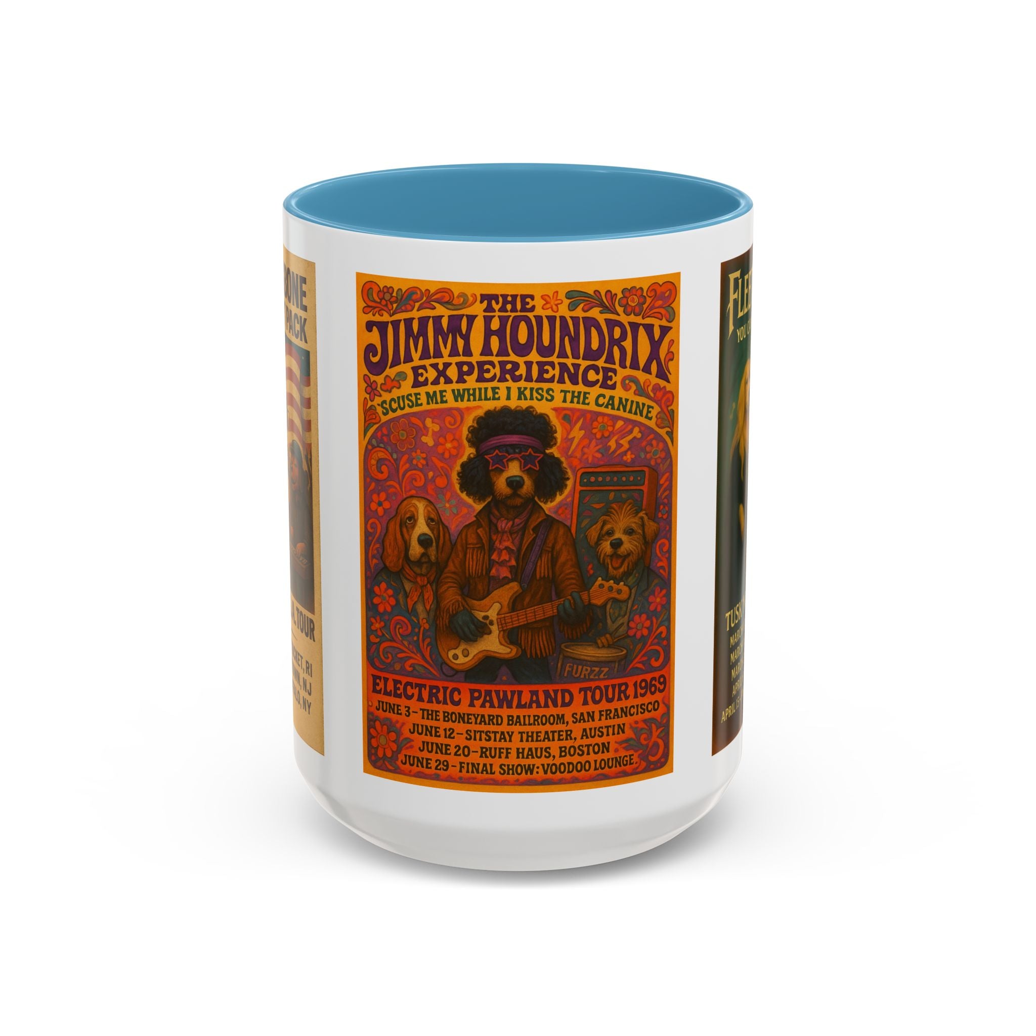 Concert Poster Dog Parody Mug – Funny Bruce Springsteen, Jimi Hendrix, and Fleetwood Mac Parody Gift