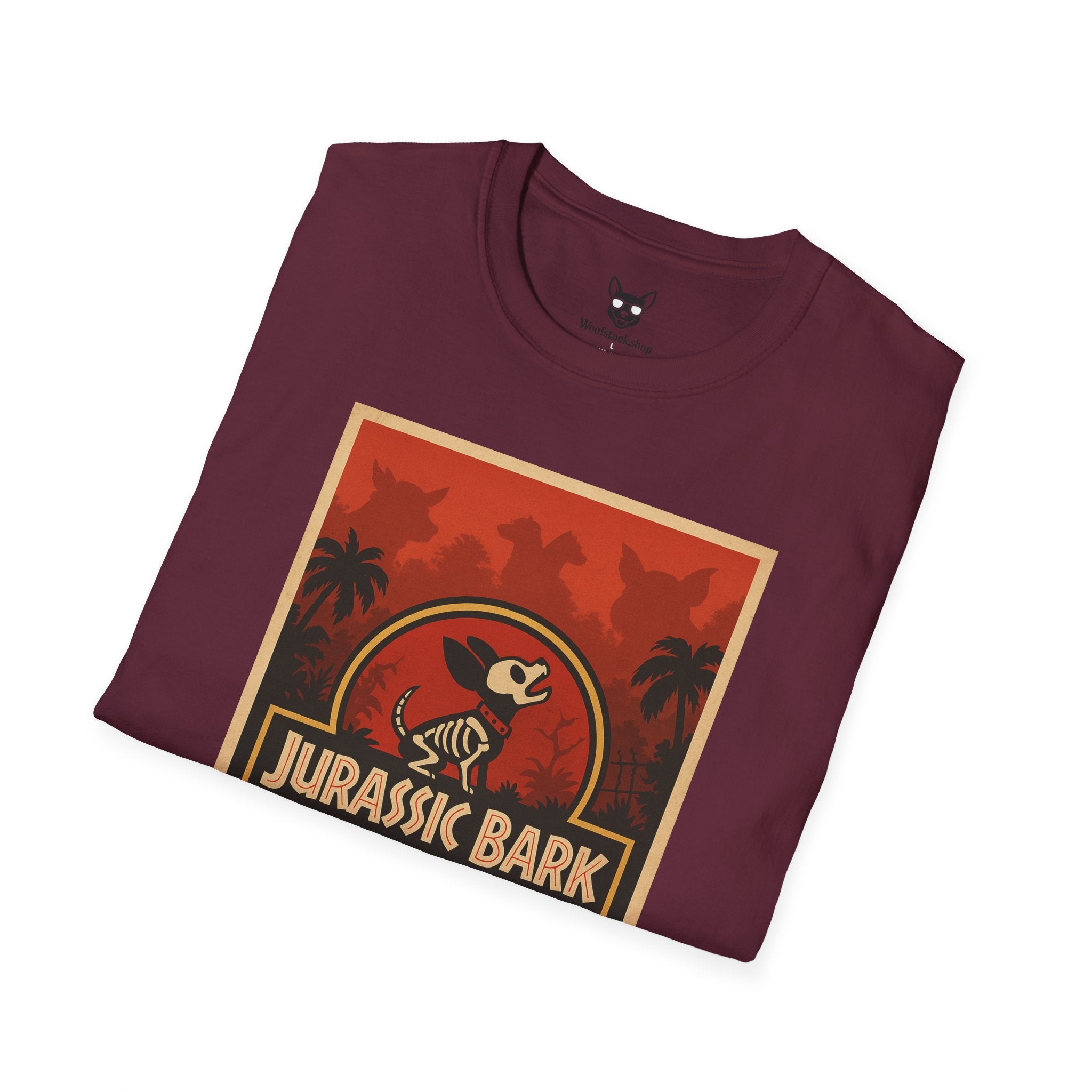 Jurassic Park Movie Poster Dog Parody Unisex Softstyle T-Shirt -- Funny Dog Movie Tee for Film and Dog Lovers
