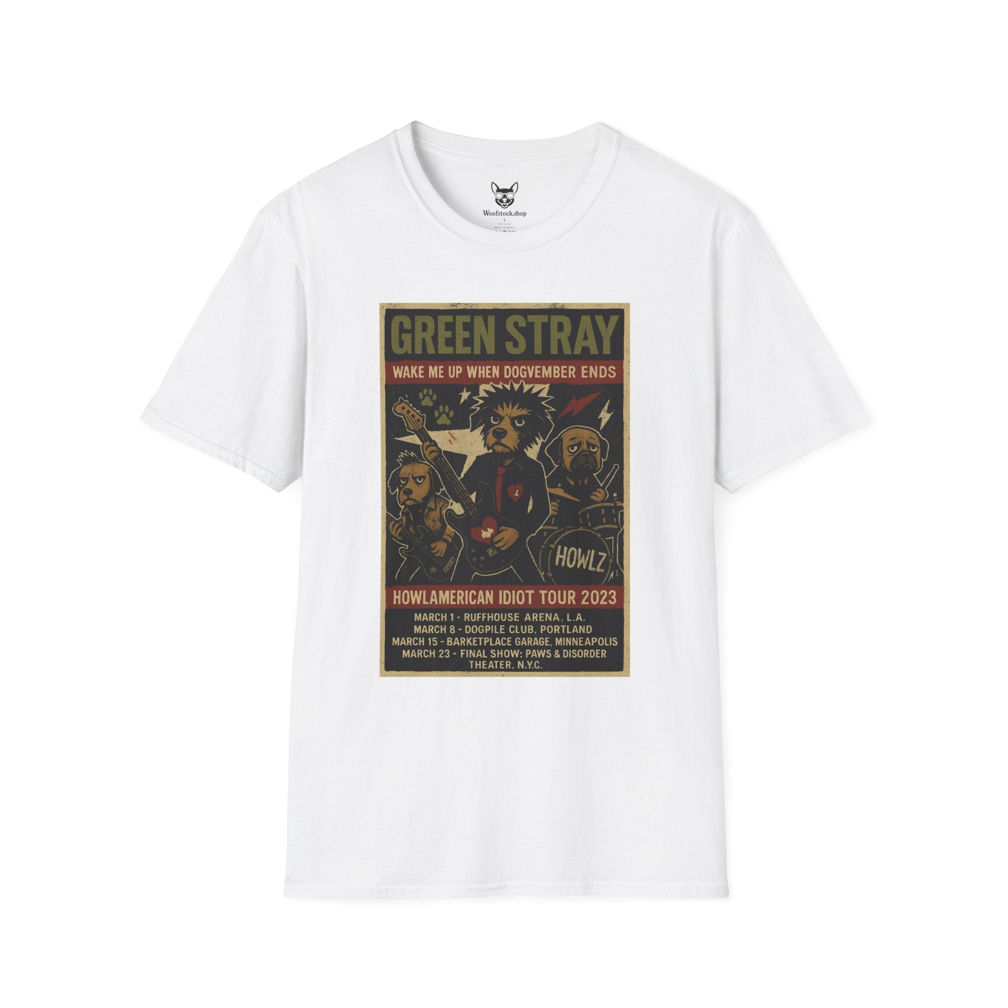 Green Day Concert Poster Dog Parody Unisex Softstyle T-Shirt – Funny Tee for Music and Dog Lovers