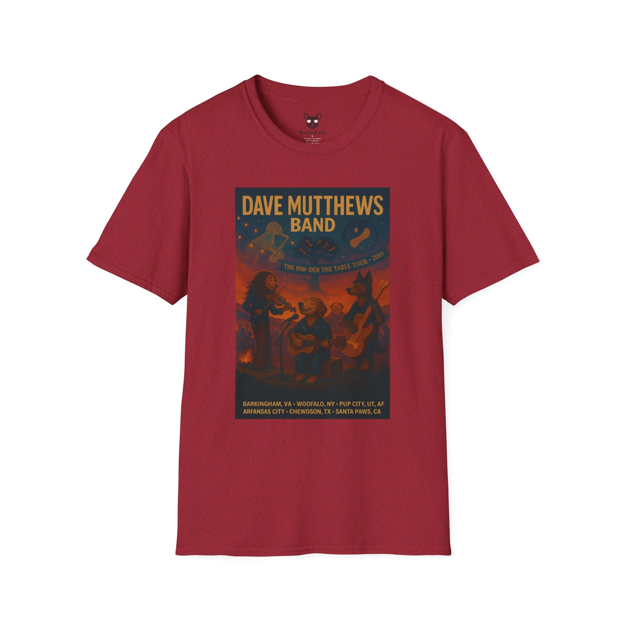 Dave Matthews Band Concert Poster Dog Parody Unisex Softstyle T-Shirt -- Funny Dog Concert Tee for Music and Dog Lovers