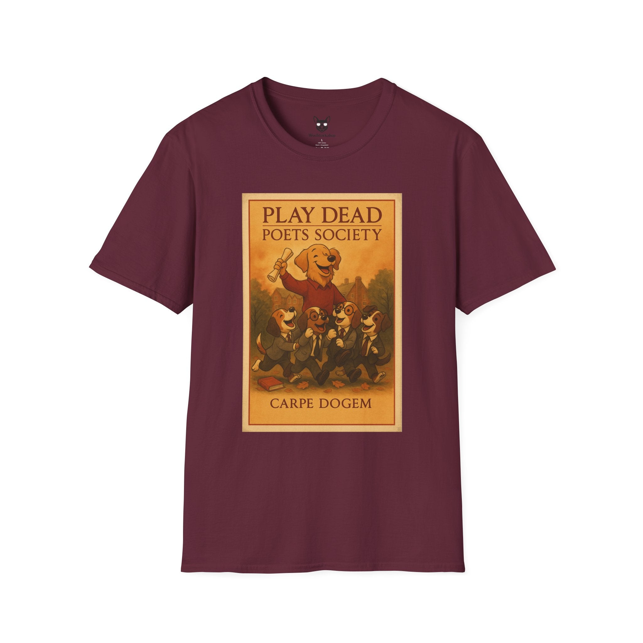 Dead Poets Society Poster Dog Parody Unisex Softstyle T-Shirt -- Funny Movie Tee for Movie and Dog Lovers