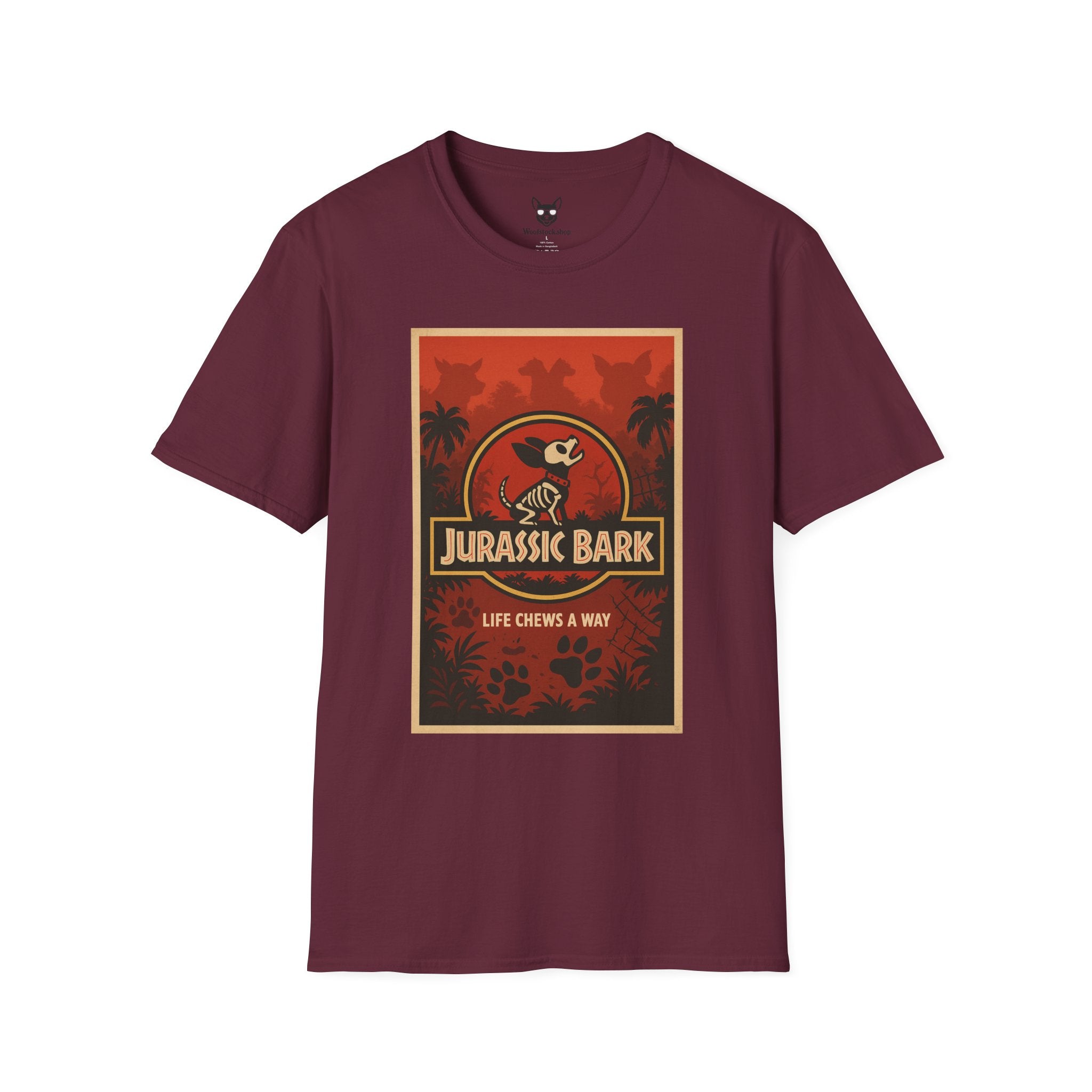 Jurassic Park Movie Poster Dog Parody Unisex Softstyle T-Shirt -- Funny Dog Movie Tee for Film and Dog Lovers
