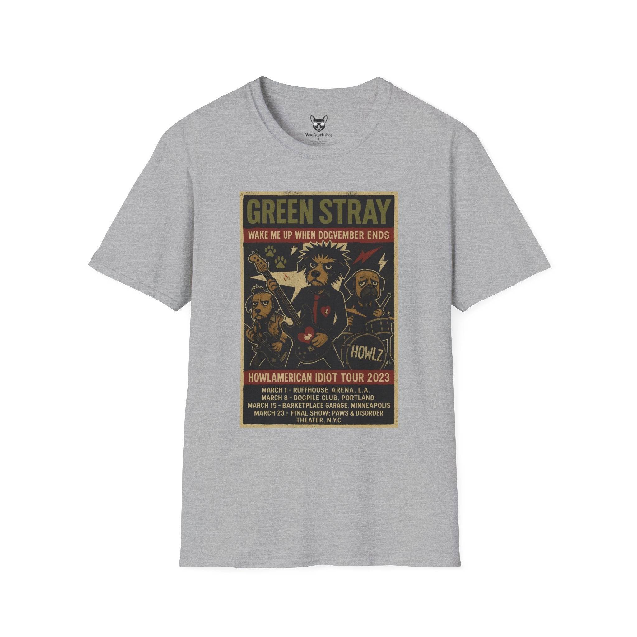 Green Day Concert Poster Dog Parody Unisex Softstyle T-Shirt – Funny Tee for Music and Dog Lovers