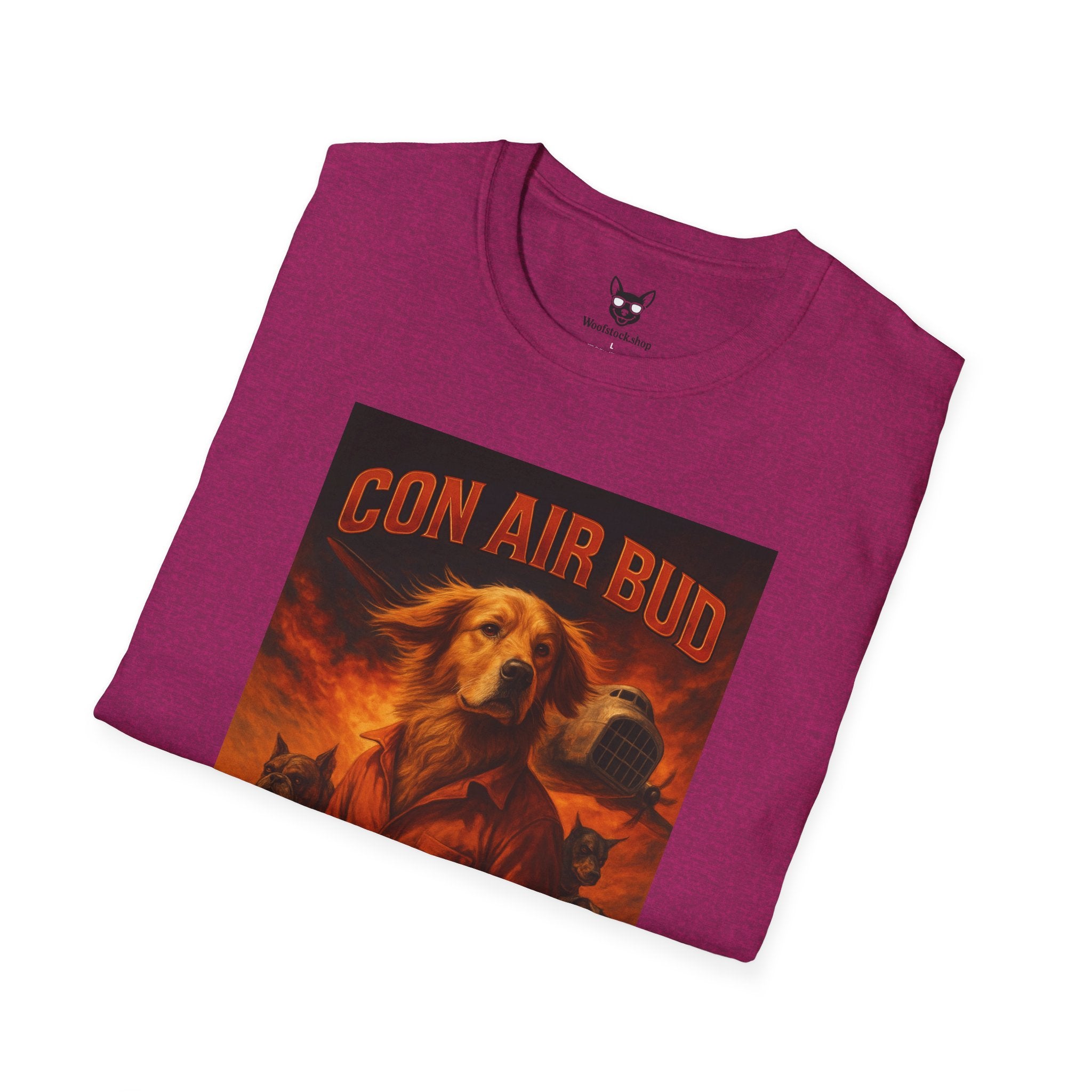 Con Air Movie Poster Dog Parody Unisex Softstyle T-Shirt – Funny Action Movie Tee for Film and Dog Lovers