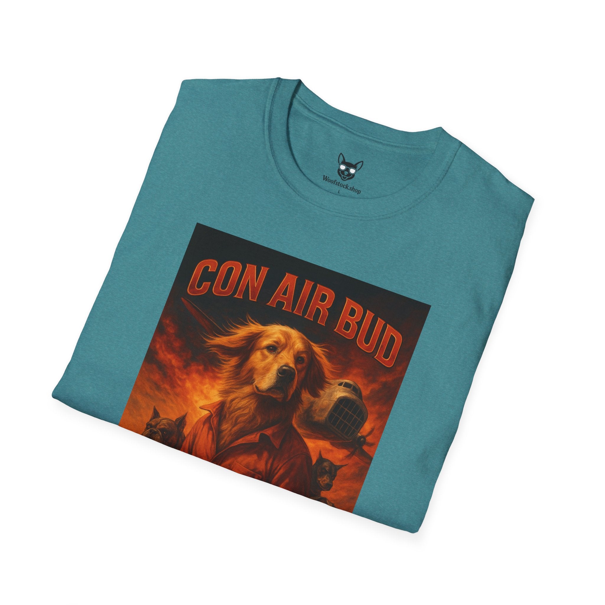 Con Air Movie Poster Dog Parody Unisex Softstyle T-Shirt – Funny Action Movie Tee for Film and Dog Lovers