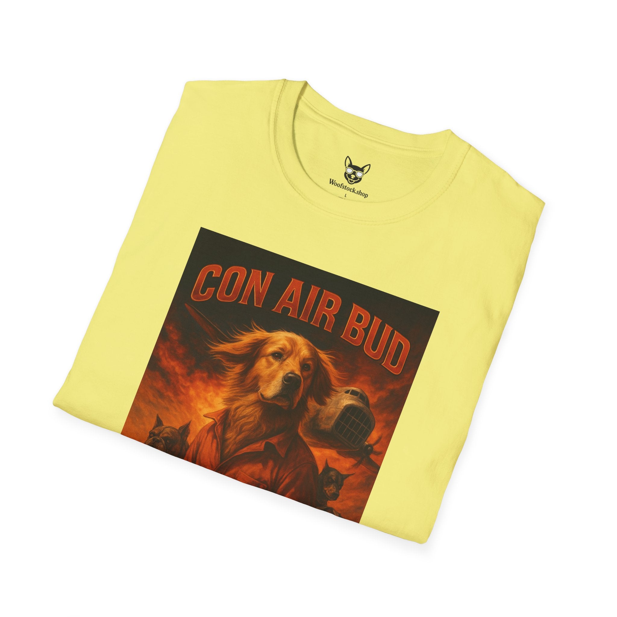 Con Air Movie Poster Dog Parody Unisex Softstyle T-Shirt – Funny Action Movie Tee for Film and Dog Lovers