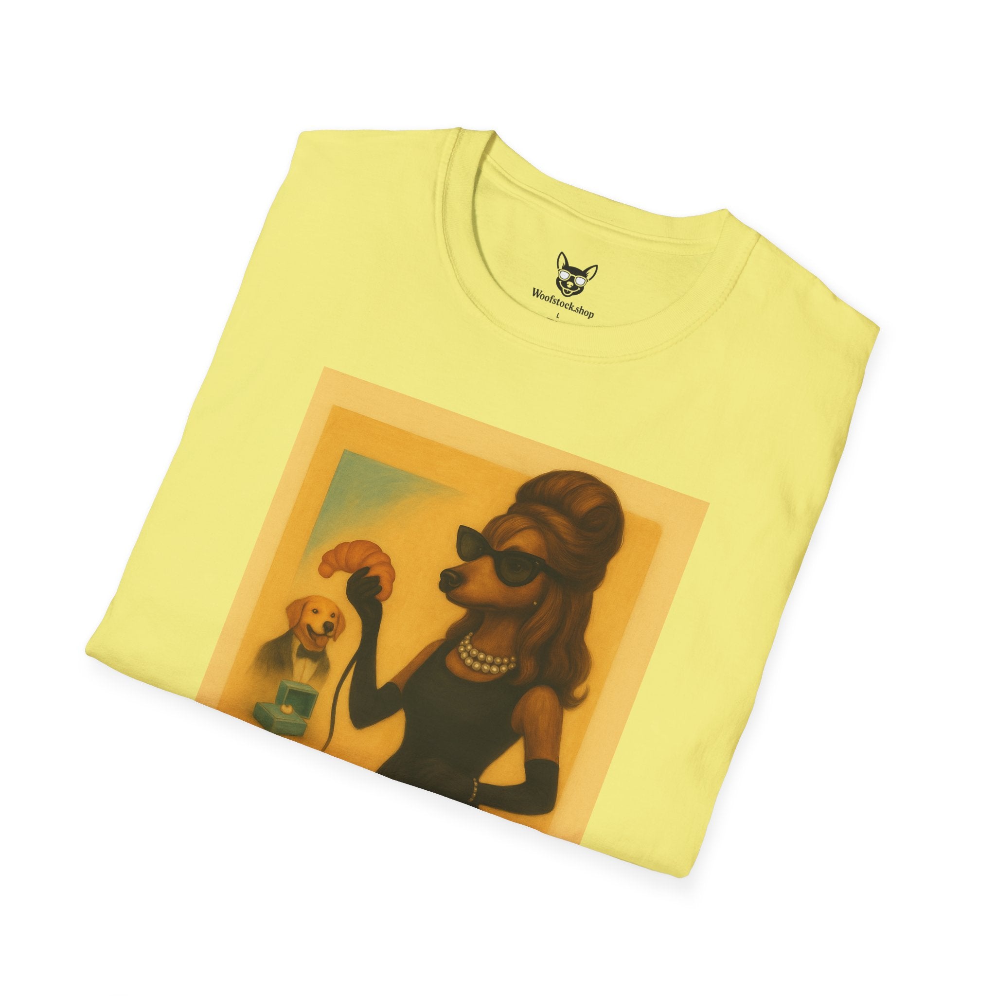 Breakfast at Tiffany's Movie Poster Dog Parody Unisex Softstyle T-Shirt -- Funny Audrey Hepburn Movie Tee for Film and Dog Lovers