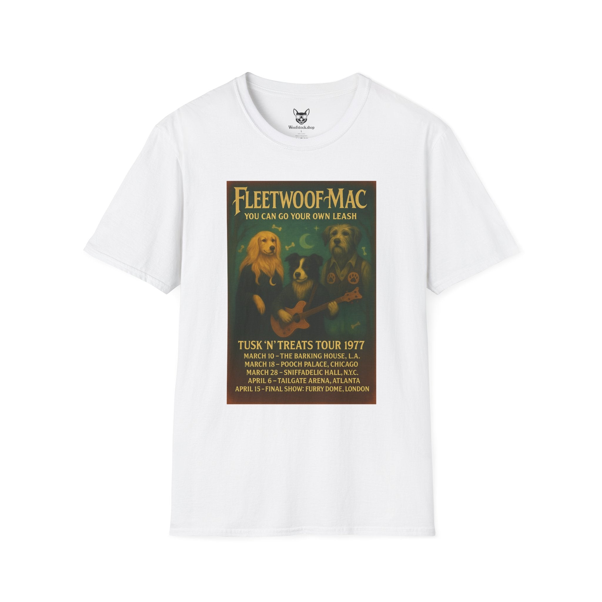 Fleetwood Mac Concert Poster Dog Parody Unisex Softstyle T-Shirt – Funny Tee for Music and Dog Lovers