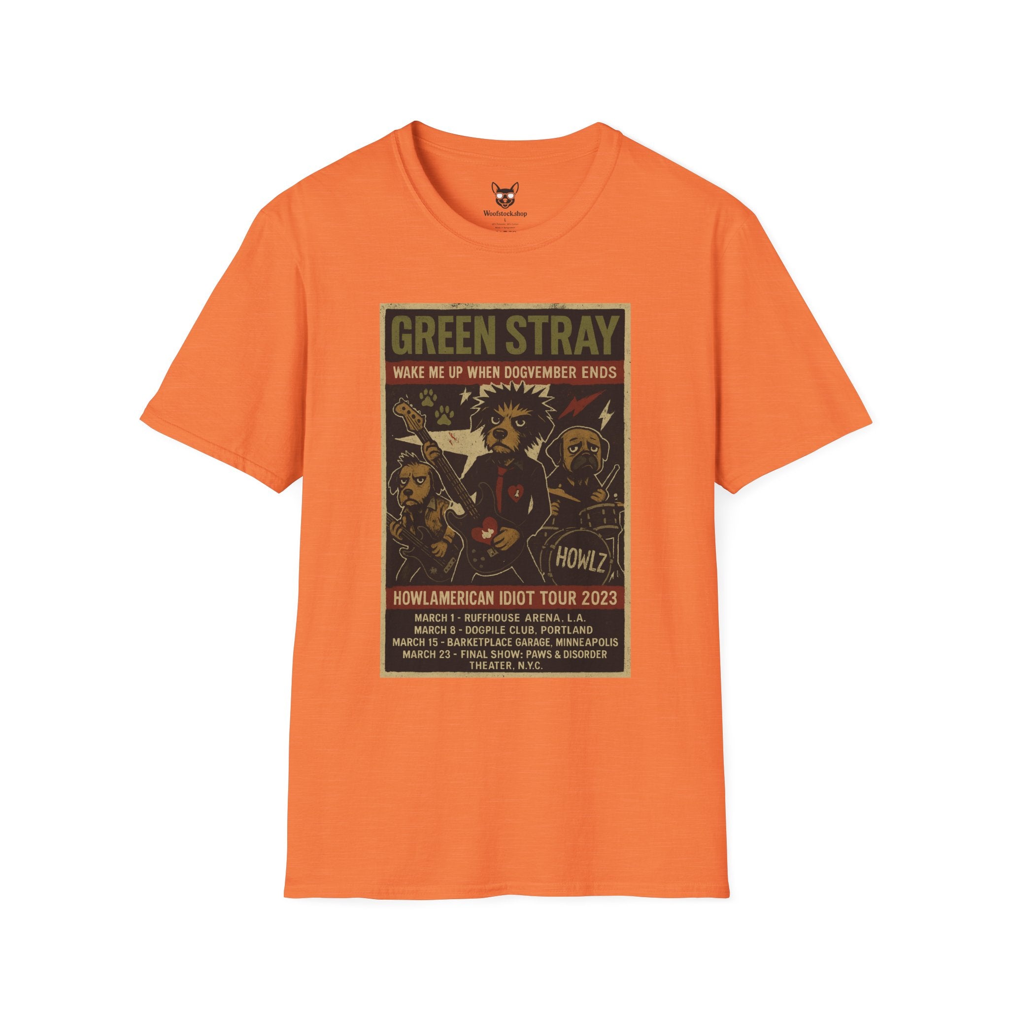 Green Day Concert Poster Dog Parody Unisex Softstyle T-Shirt – Funny Tee for Music and Dog Lovers